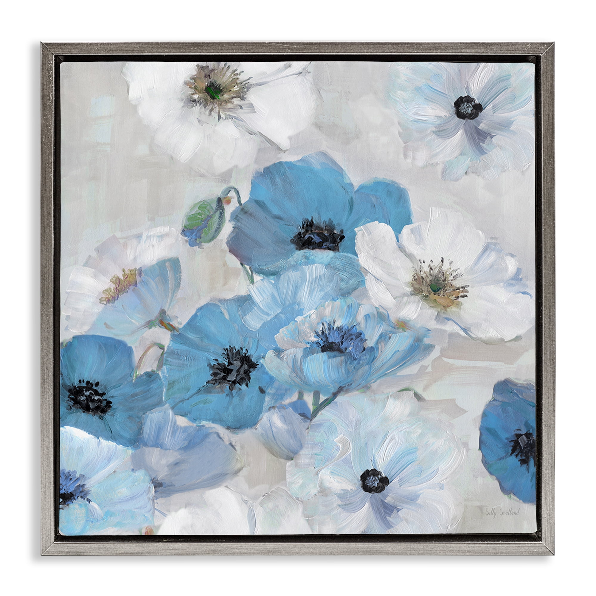 Stupell Industries Blue & White Flowers Plants & Flowers Painting Gray Floater Framed Canvas Art Print Wall Art, 18 x 18