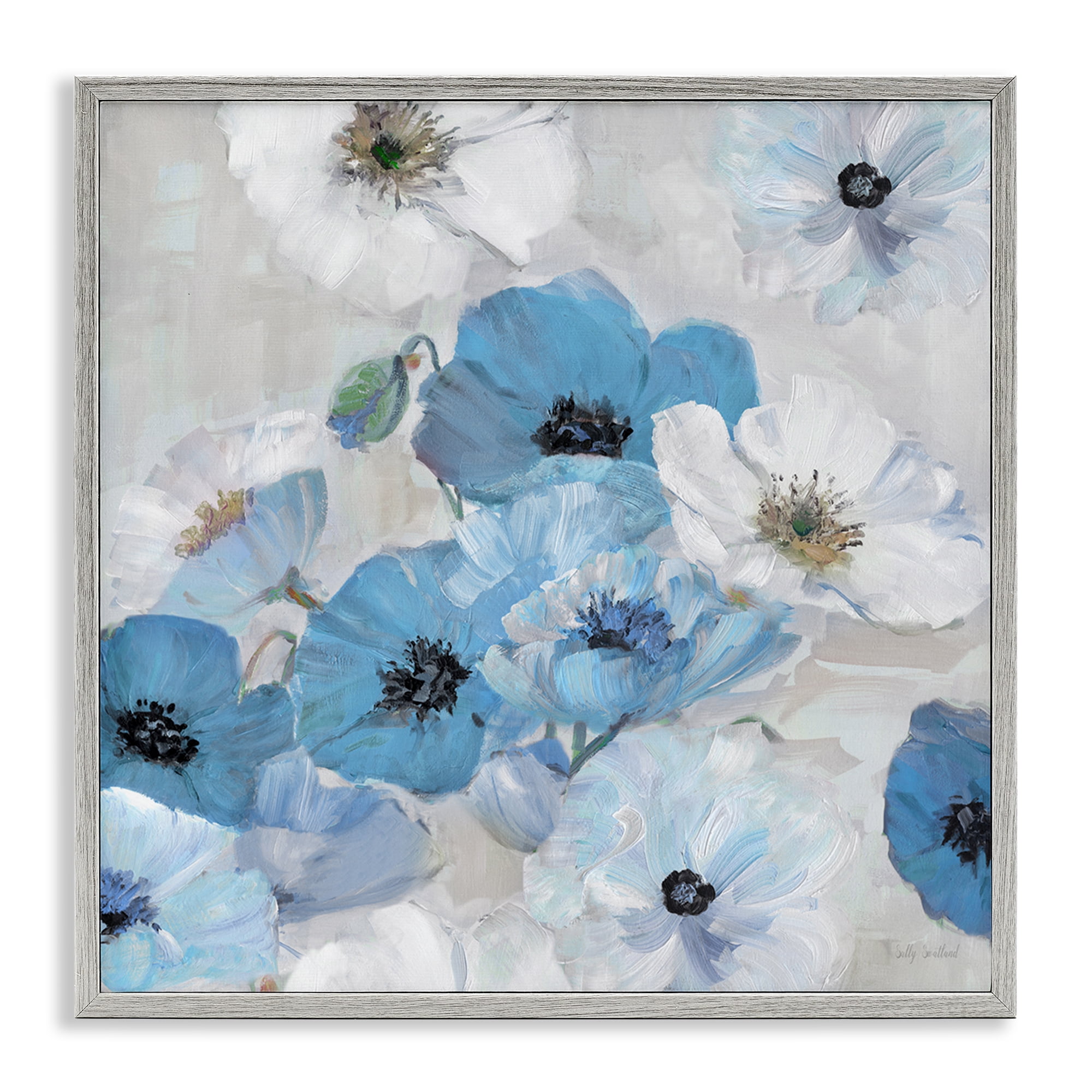 Stupell Industries Blue & White Flowers Plants & Flowers Painting Gray Framed Art Print Wall Art, 12 x 12