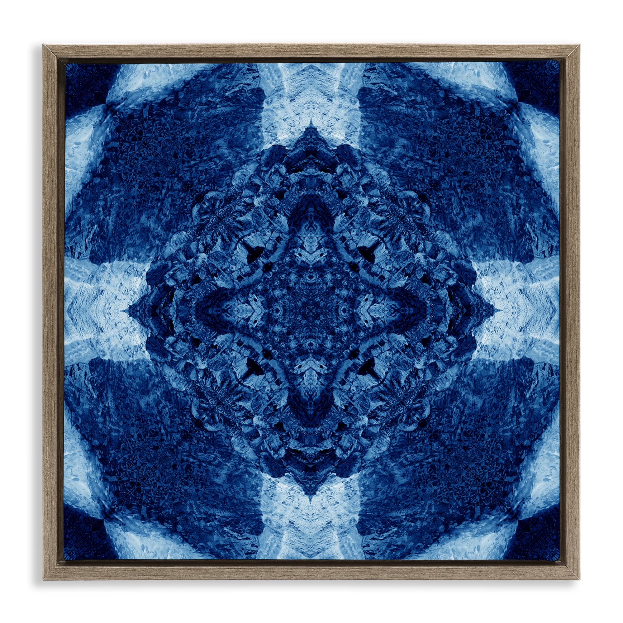 Stupell Industries Blue & White Geometric Abstract Painting Brown Floater Framed Canvas Art Print Wall Art, 18 x 18