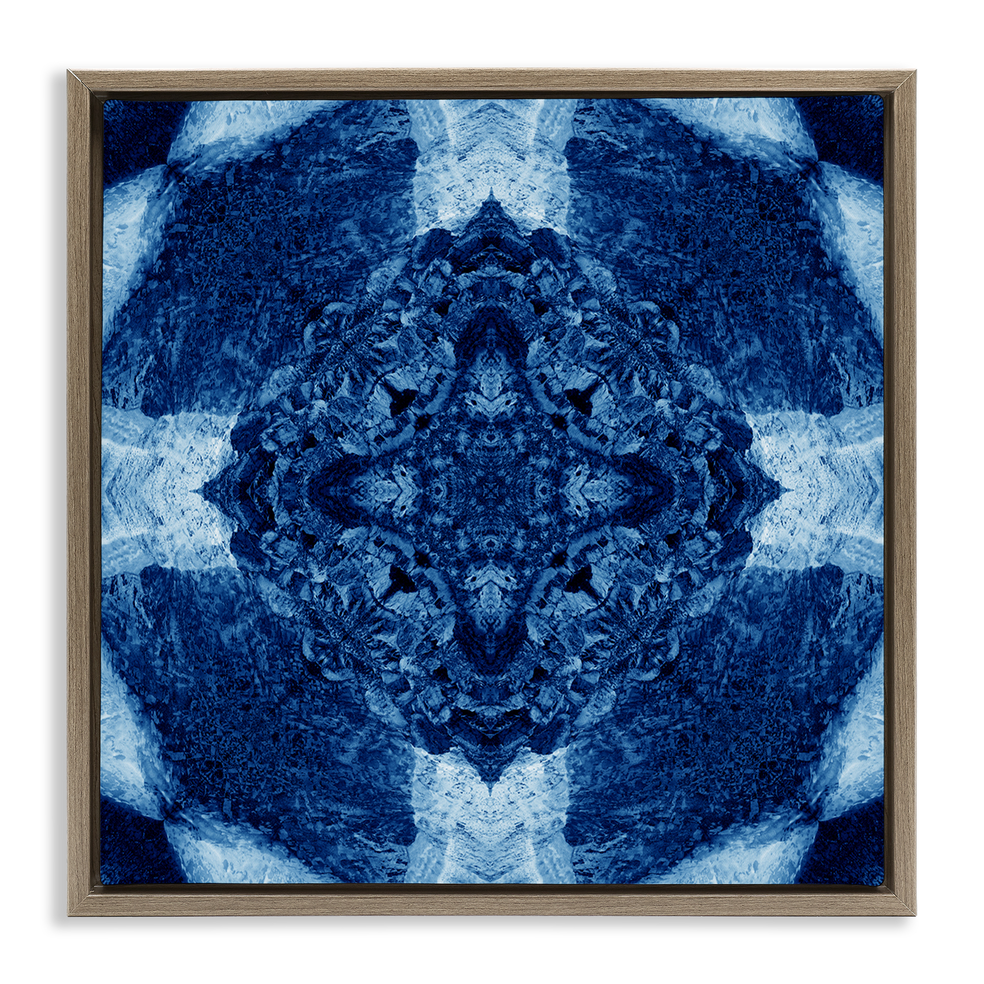 Stupell Industries Blue & White Geometric Abstract Painting Brown Floater Framed Canvas Art Print Wall Art, 25 x 25