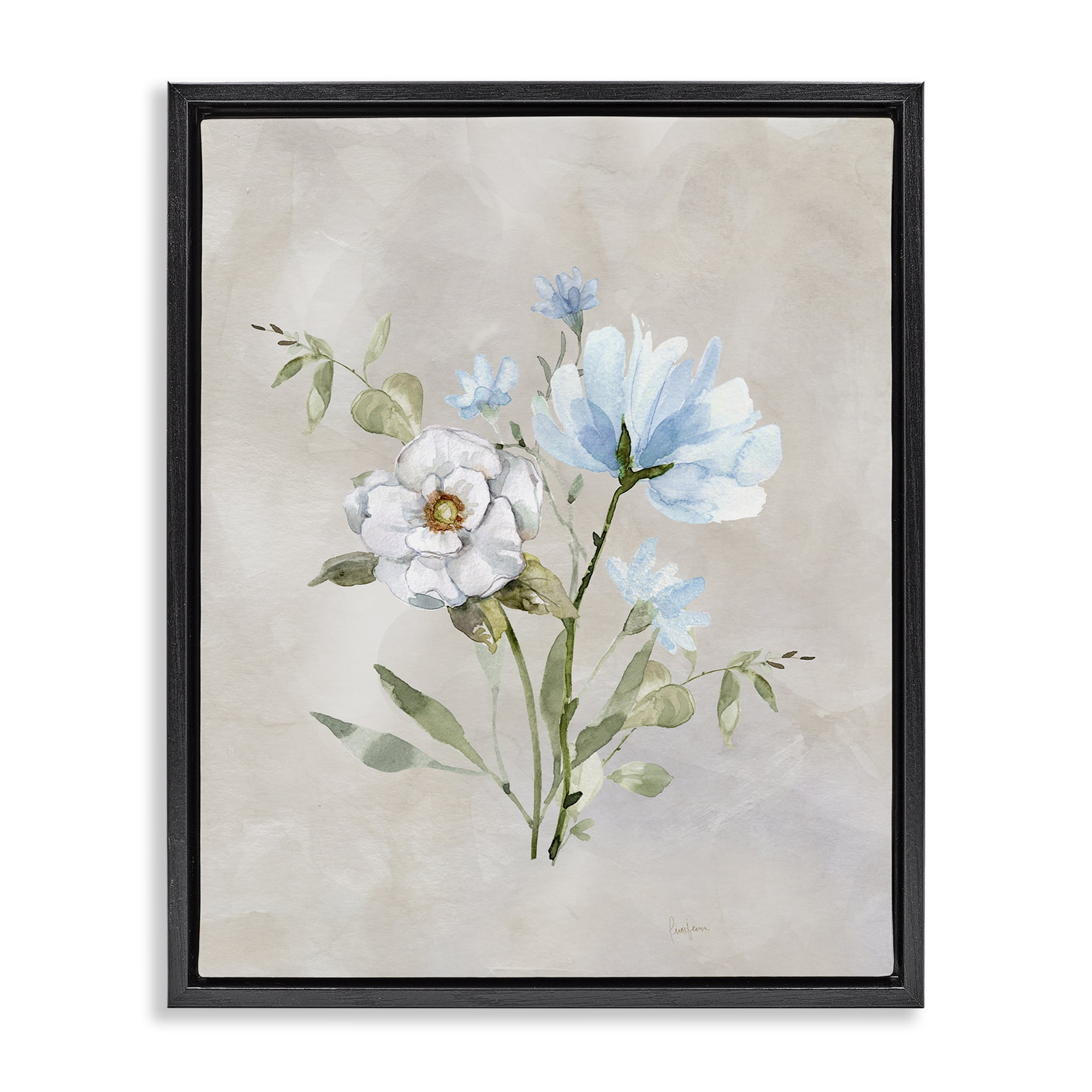 Stupell Industries Blue & White Herbs Plants & Flowers Painting Black Floater Framed Canvas Art Print Wall Art, 25 x 31