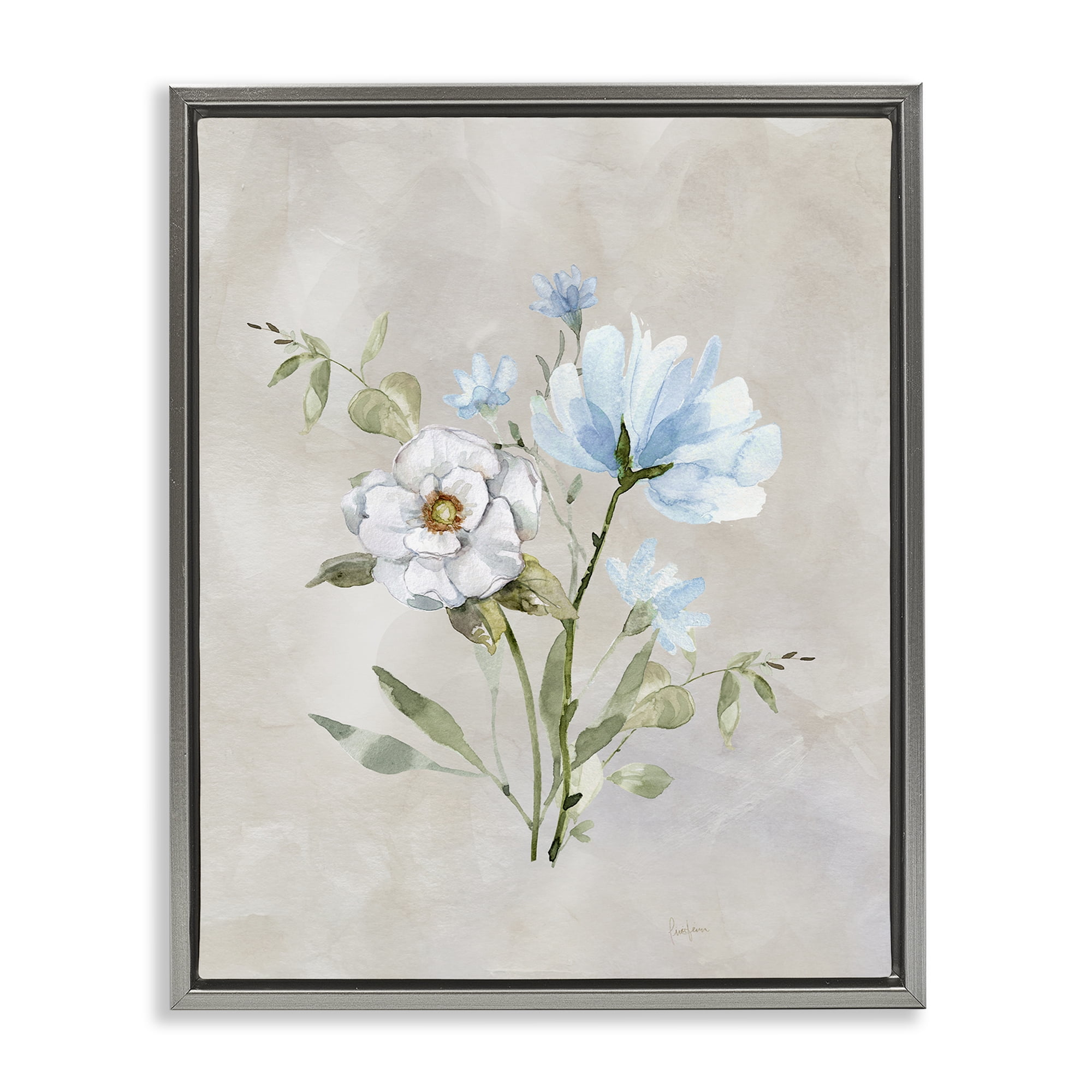Stupell Industries Blue & White Herbs Plants & Flowers Painting Gray Floater Framed Canvas Art Print Wall Art, 25 x 31
