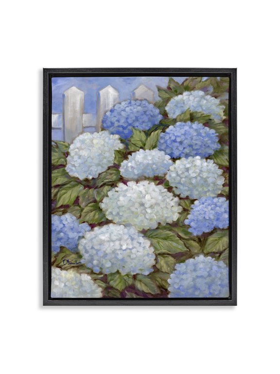 Industries Blue & White Hydrangea Plants & Flowers Painting Black Floater Framed Canvas Art Print Wall Art, 25 x 31