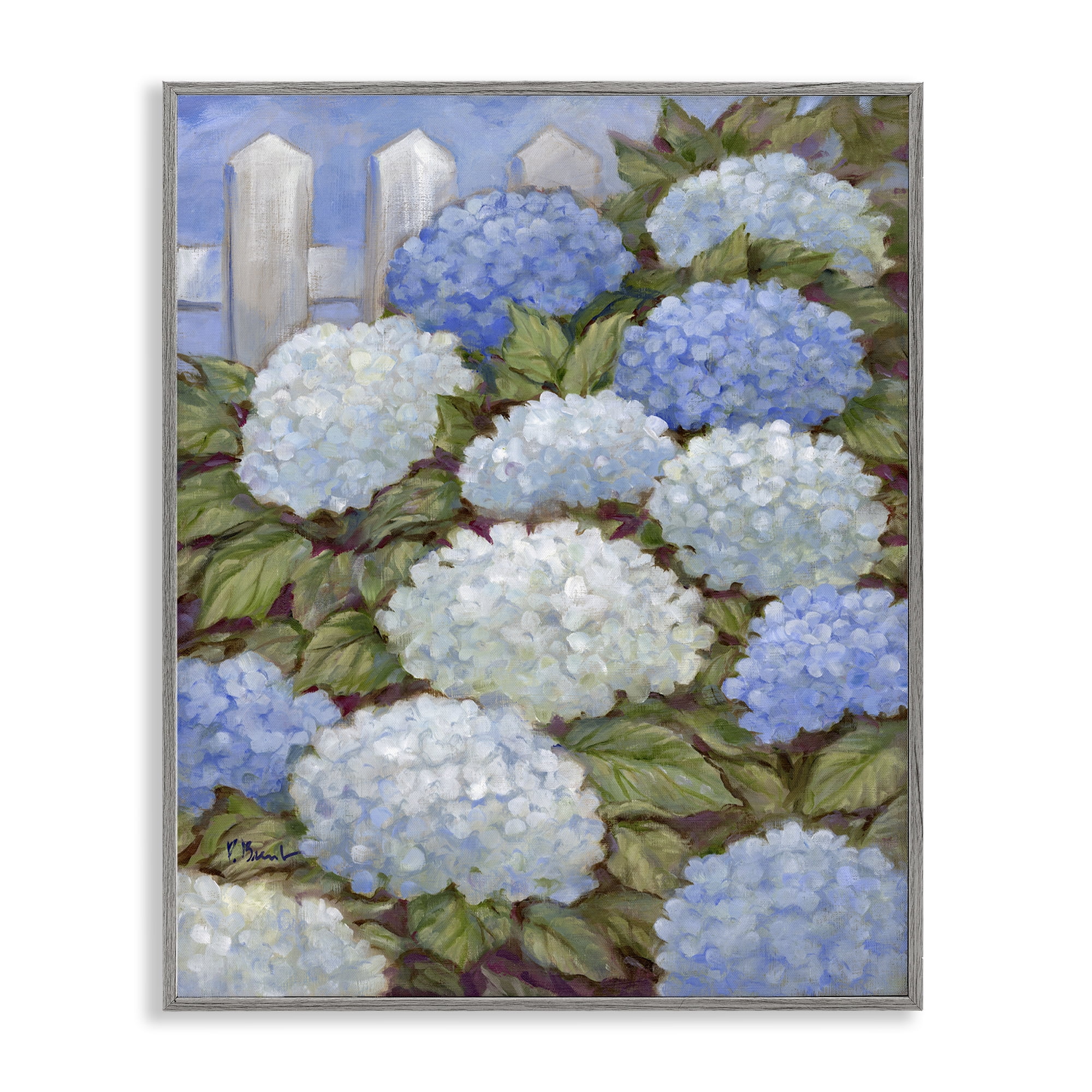 Stupell Industries Blue & White Hydrangea Plants & Flowers Painting Gray Framed Art Print Wall Art, 16 x 20