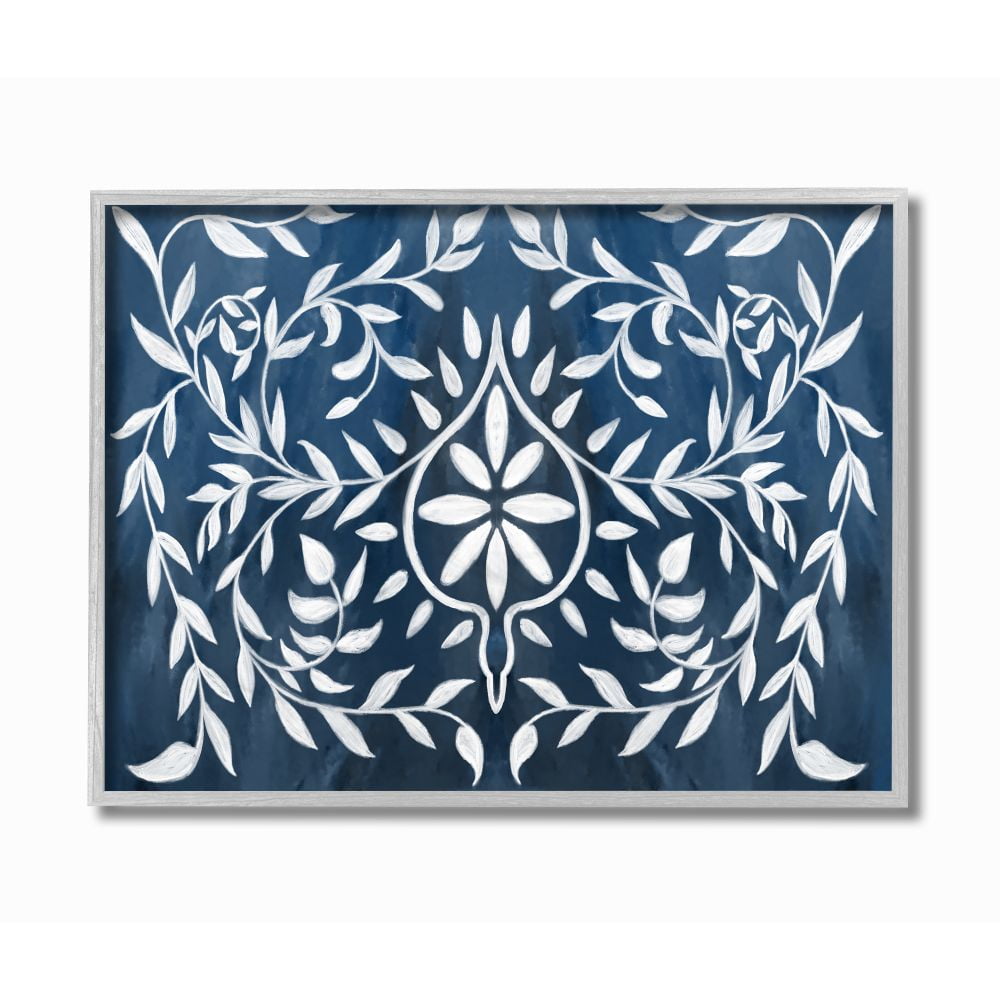 Stupell Industries Blue White Leaf Gilding Pattern Painting Framed Wall Art by Daphne Polselli