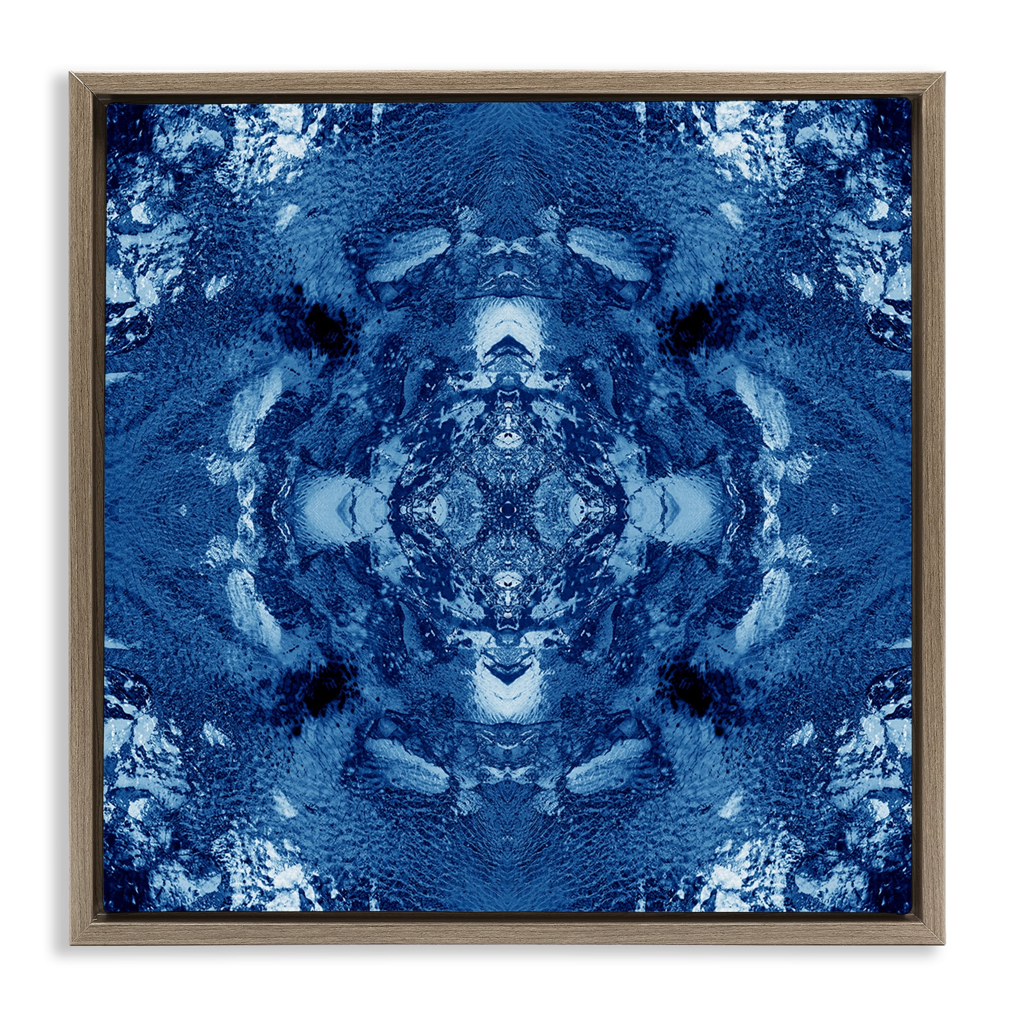 Stupell Industries Blue & White Mosaic Abstract Painting Brown Floater Framed Canvas Art Print Wall Art, 18 x 18