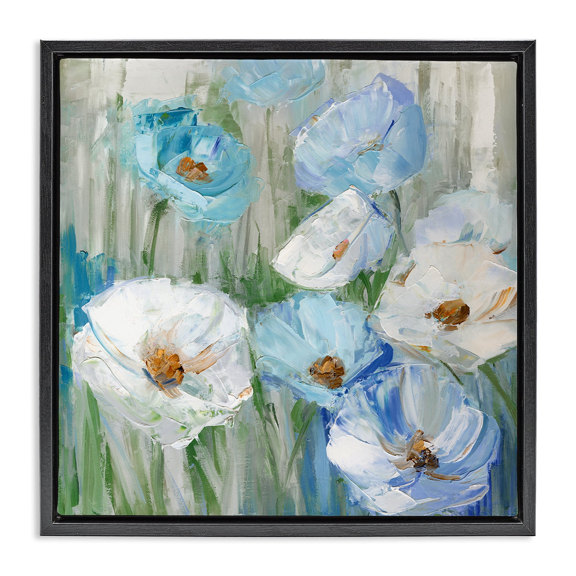Stupell Industries Blue & White Poppies Plants & Flowers Painting Black Floater Framed Canvas Art Print Wall Art, 25 x 25