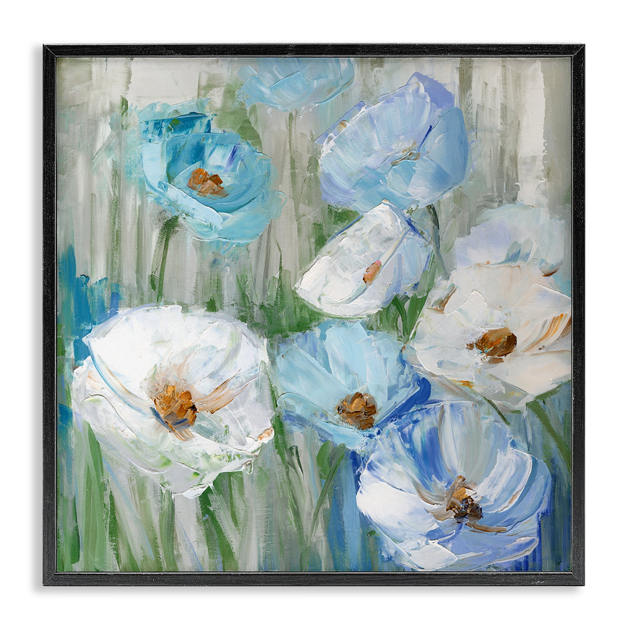 Stupell Industries Blue & White Poppies Plants & Flowers Painting Black Framed Art Print Wall Art, 12 x 12