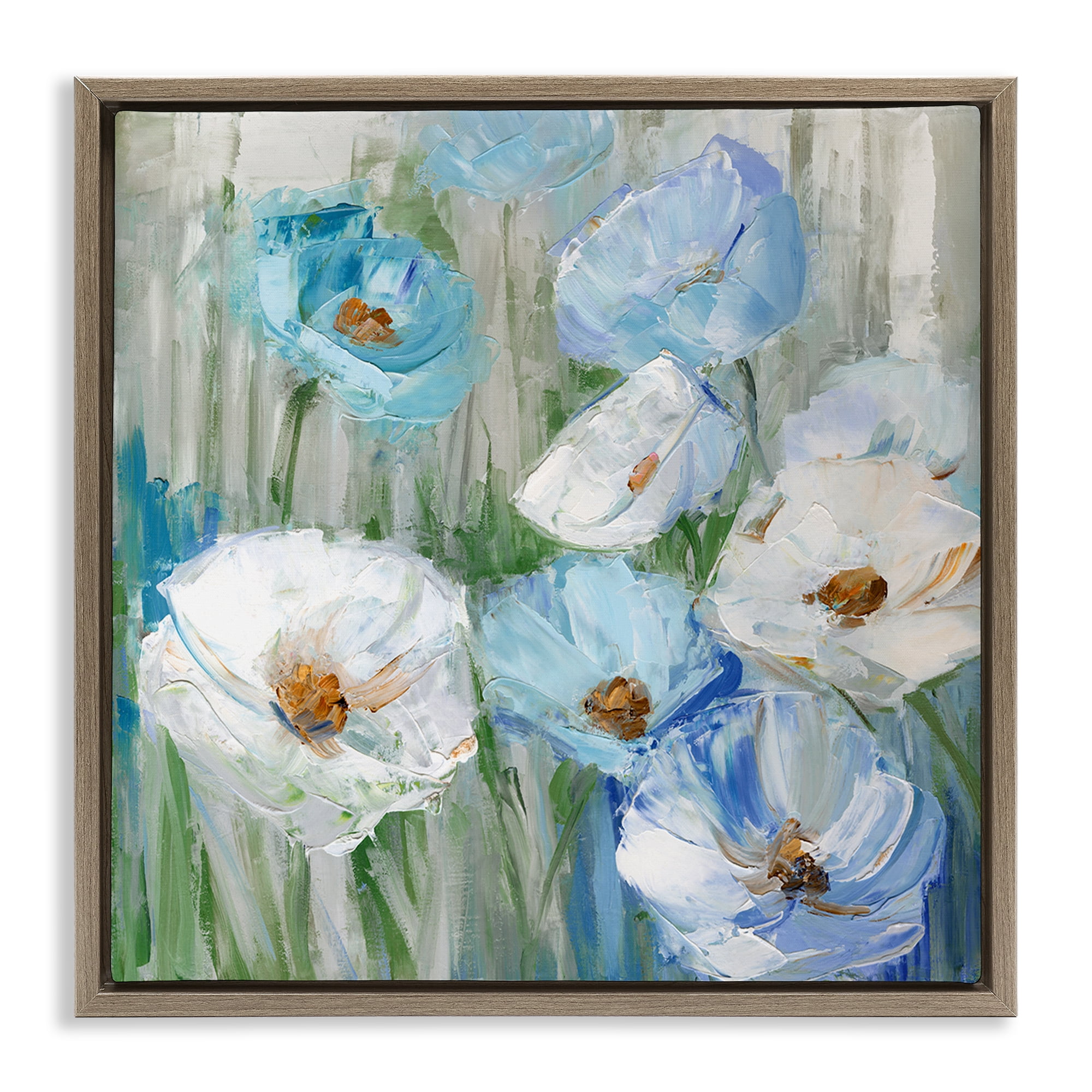 Stupell Industries Blue & White Poppies Plants & Flowers Painting Brown Floater Framed Canvas Art Print Wall Art, 18 x 18