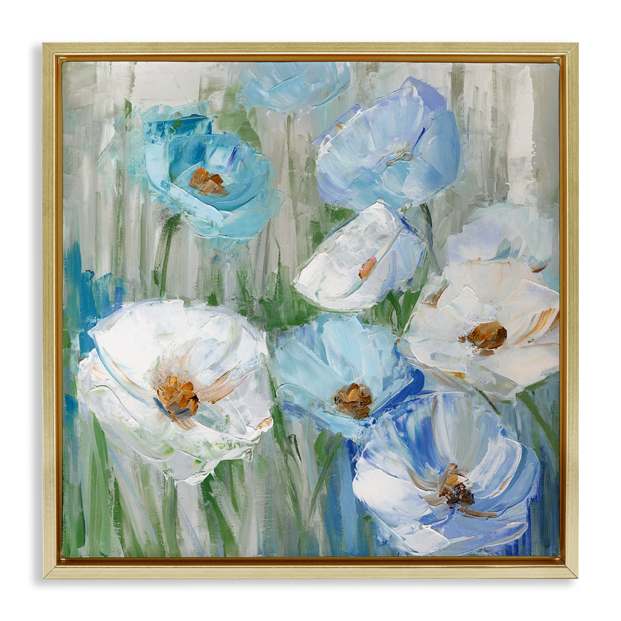 Stupell Industries Blue & White Poppies Plants & Flowers Painting Gold Floater Framed Canvas Art Print Wall Art, 18 x 18