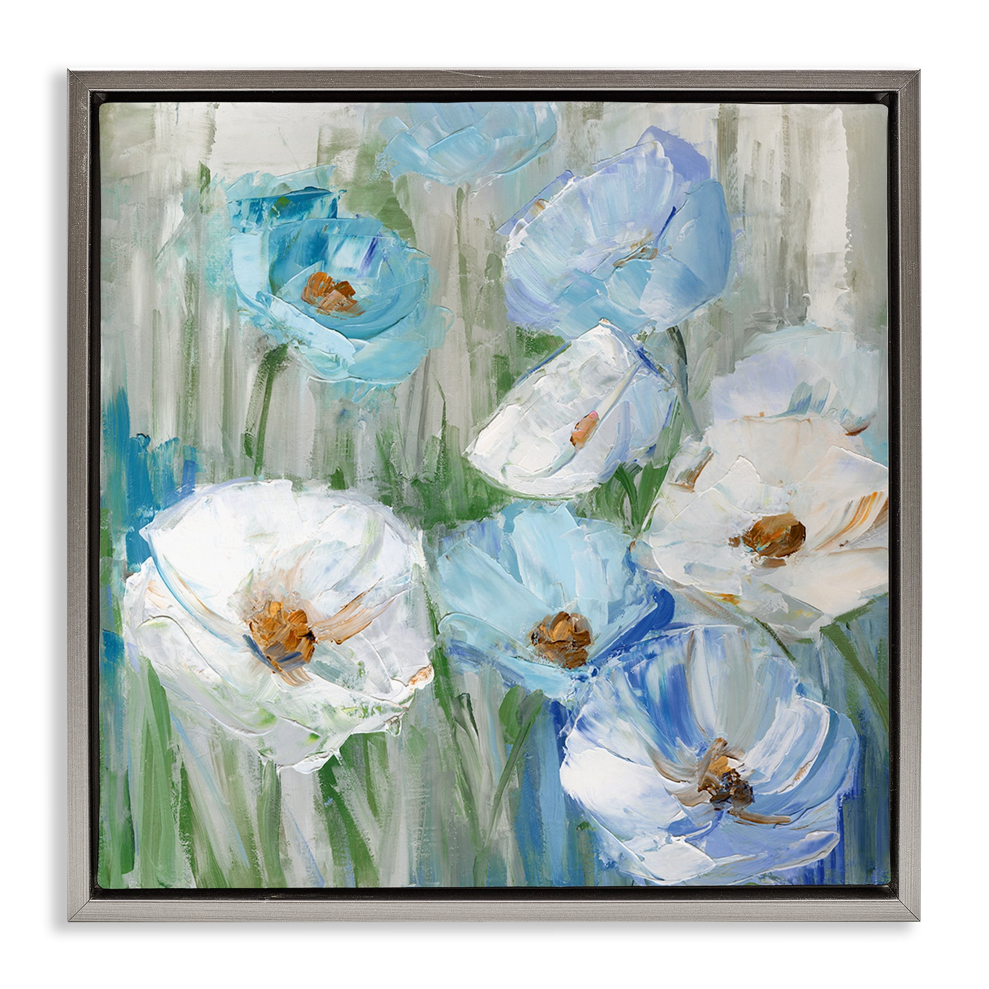 Stupell Industries Blue & White Poppies Plants & Flowers Painting Gray Floater Framed Canvas Art Print Wall Art, 25 x 25
