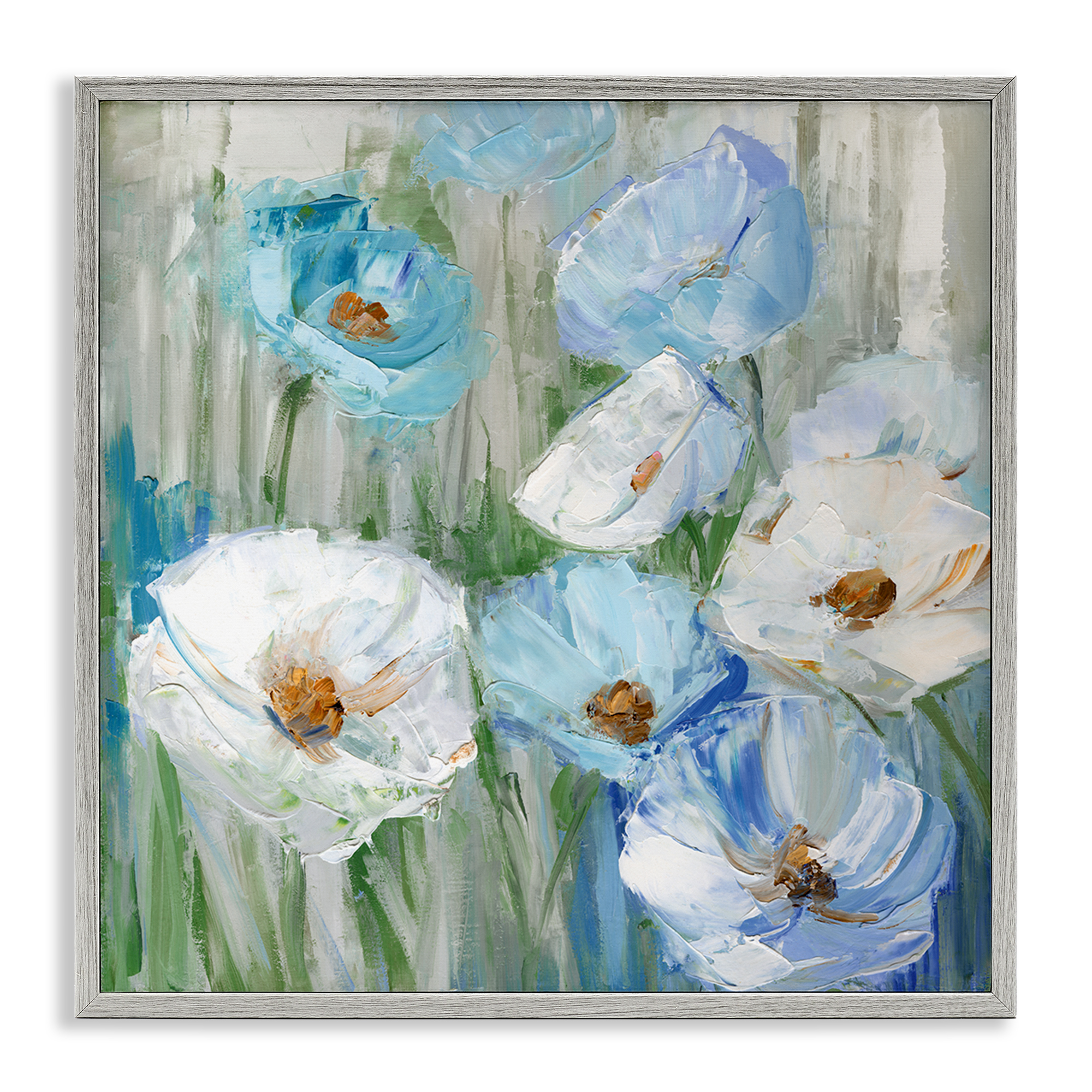 Stupell Industries Blue & White Poppies Plants & Flowers Painting Gray Framed Art Print Wall Art, 12 x 12