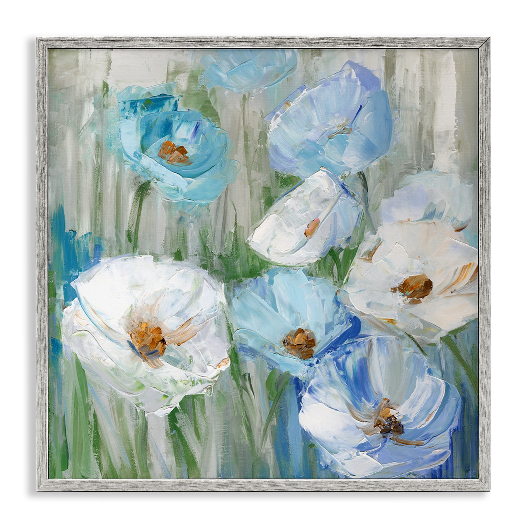 Stupell Industries Blue & White Poppies Plants & Flowers Painting Gray Framed Art Print Wall Art, 24 x 24