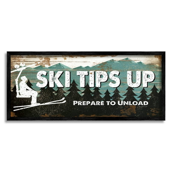 Stupell Industries Blue and White Ski Tips Up Prepare to Unload Rustic Wood Look Lift Sign Graphic Art Black Framed Art Print Wall Art, 10x24, by Jennifer Pugh
