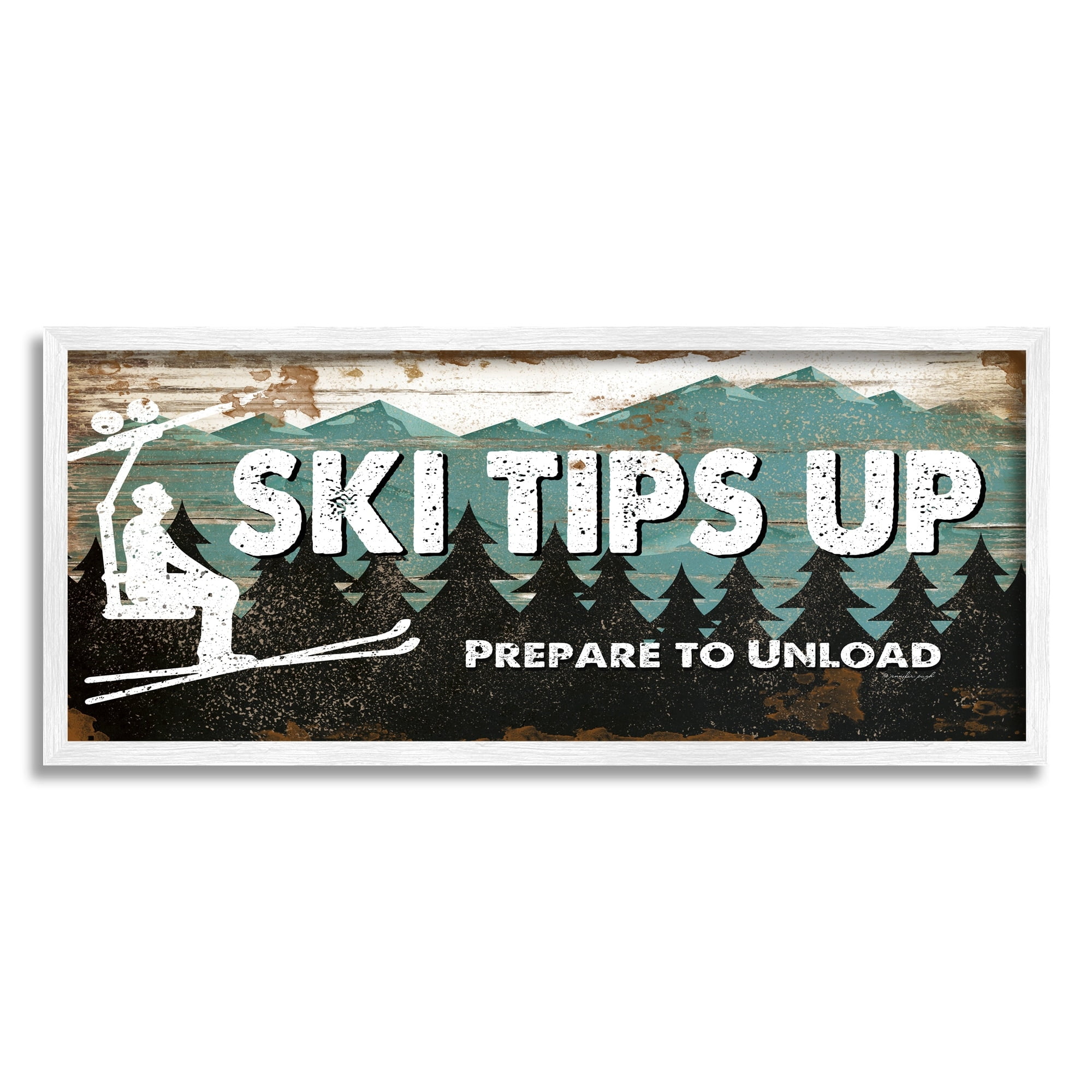 Stupell Industries Blue and White Ski Tips Up Prepare to Unload Rustic Wood Look Lift Sign Graphic Art White Framed Art Print Wall Art, 10x24, by Jennifer Pugh