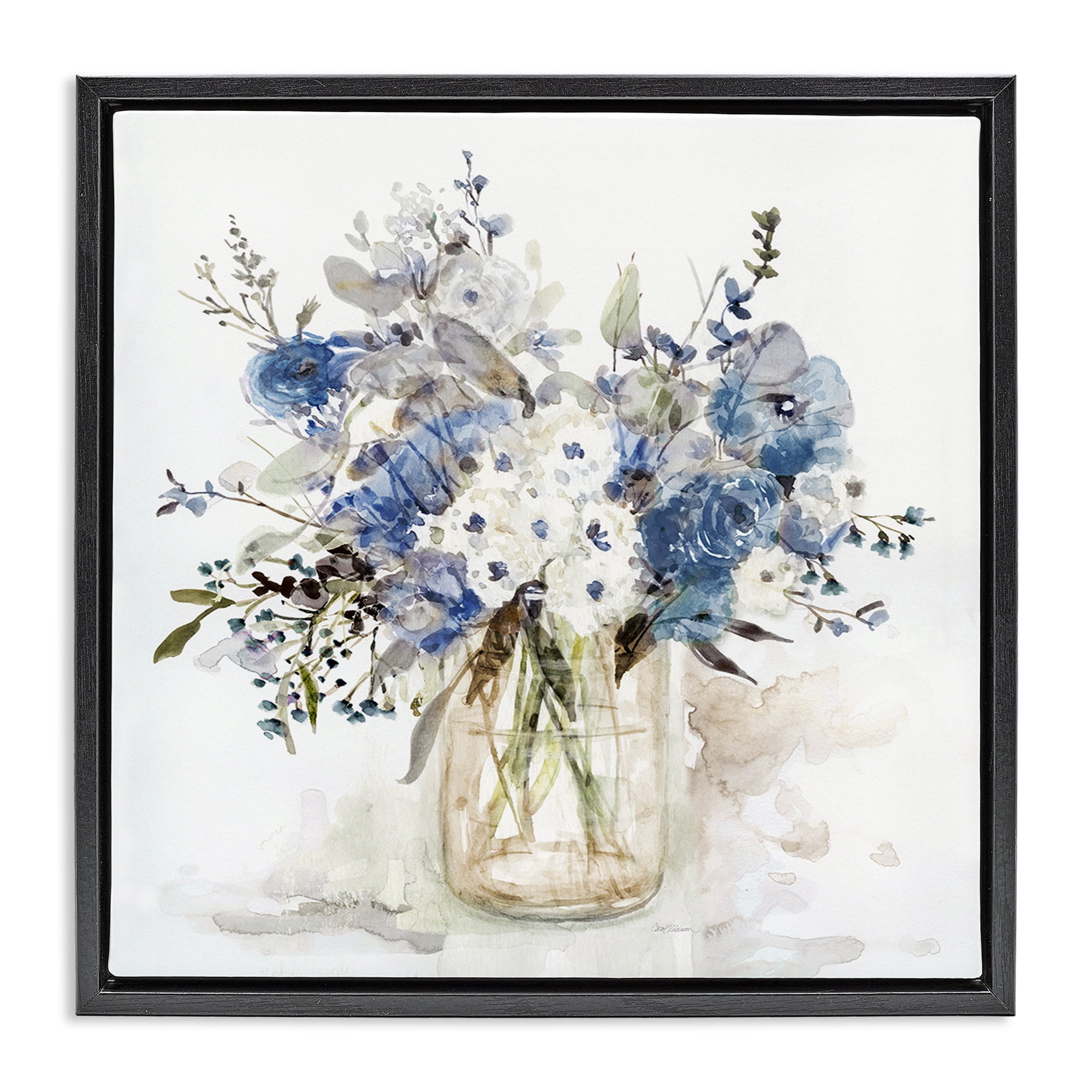 Stupell Industries Blue & White Spring Flowers Black Framed Floater Canvas Wall Art, design by Carol Robinson