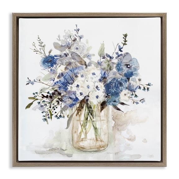 Stupell Industries French Country Blue & White Spring Flowers Brown Floating Frame Canvas Art, 25 x 25, by Carol Robinson