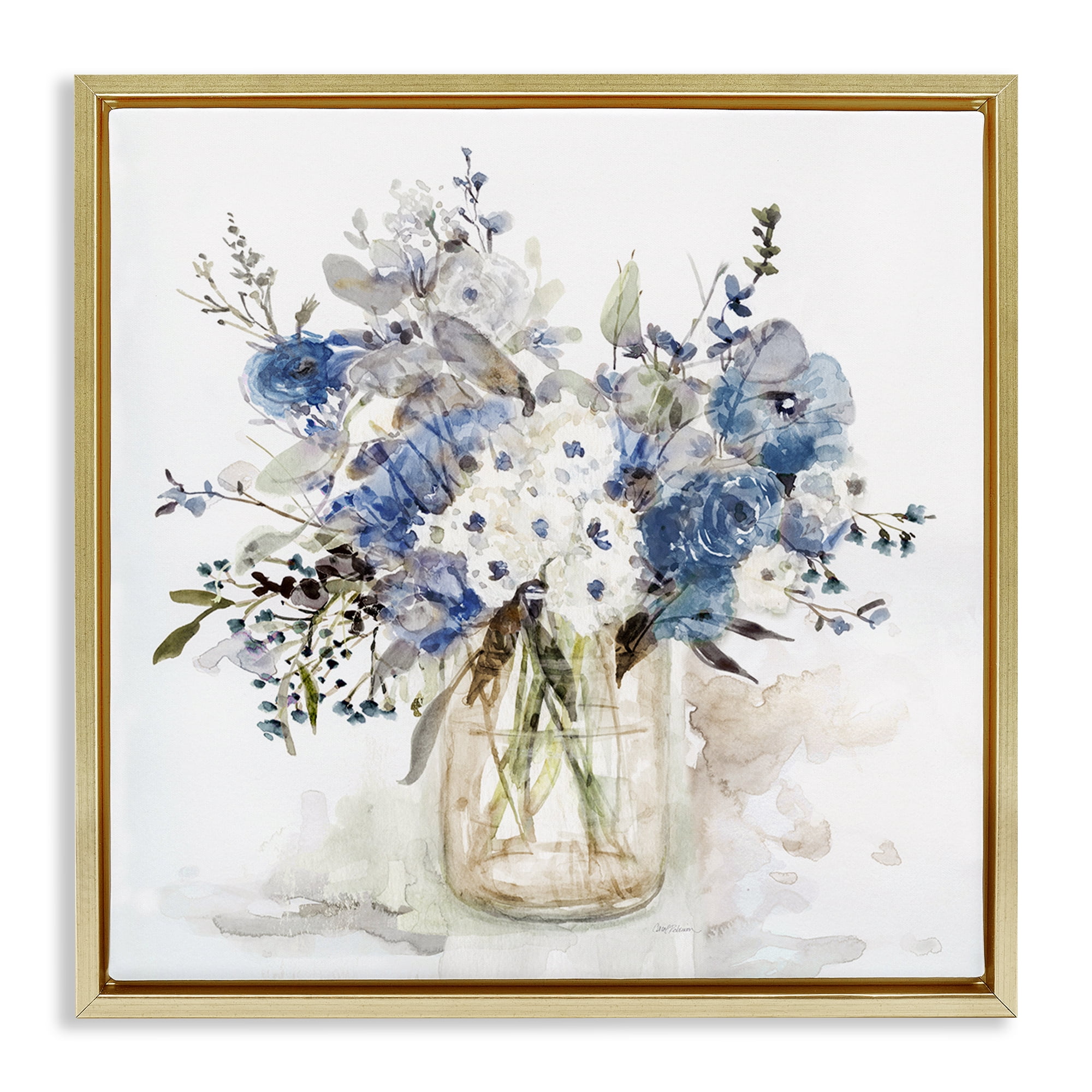 Stupell Industries Blue & White Spring Flowers Gold Framed Floater Canvas Wall Art, design by Carol Robinson