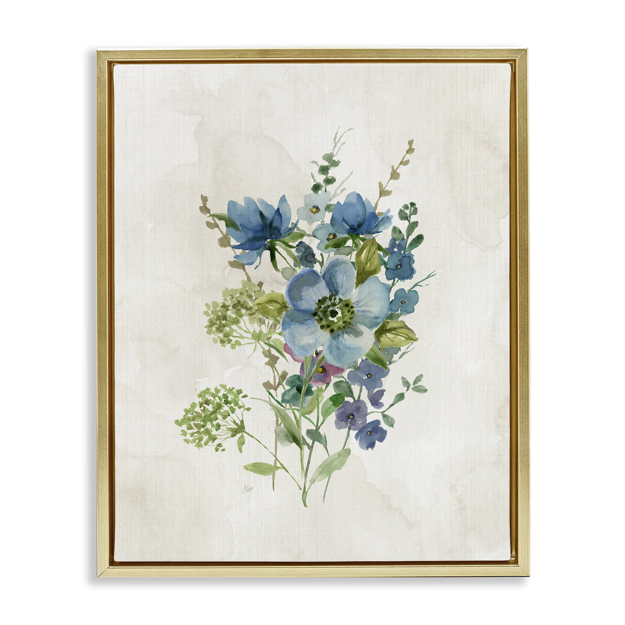 Stupell Industries Blue Wildflower Cluster Plants & Flowers Painting Gold Floater Framed Canvas Art Print Wall Art, 25 x 31