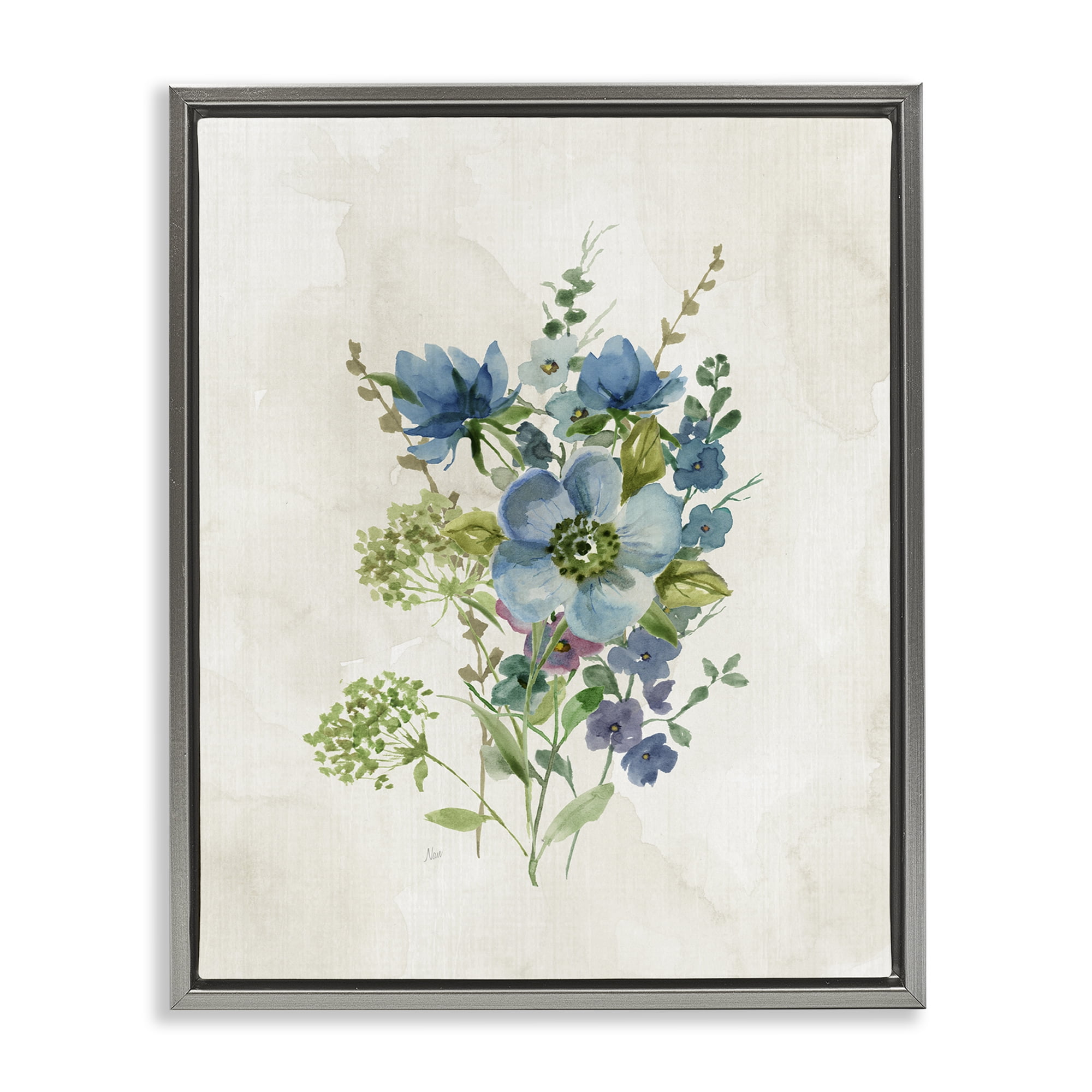 Stupell Industries Blue Wildflower Cluster Plants & Flowers Painting Gray Floater Framed Canvas Art Print Wall Art, 17 x 21