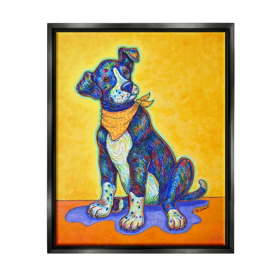 Stupell Industries Blue & Yellow Abstract Dog Animals & Insects Painting Black Floater Framed Art Print Wall Art, 17 x 21