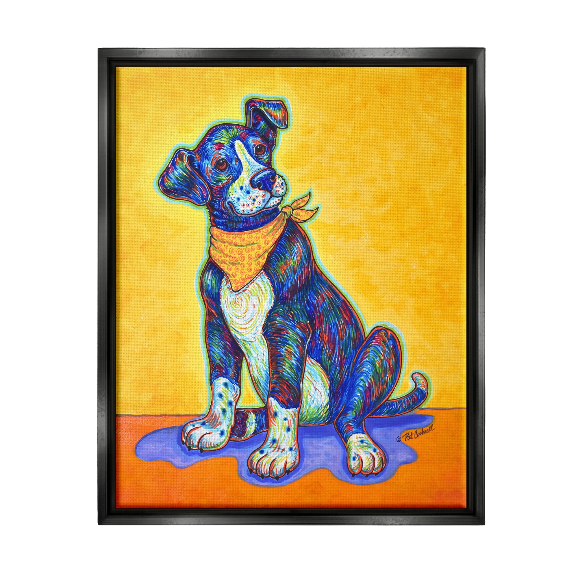 Stupell Industries Blue & Yellow Abstract Dog Animals & Insects Painting Black Floater Framed Art Print Wall Art, 25 x 31