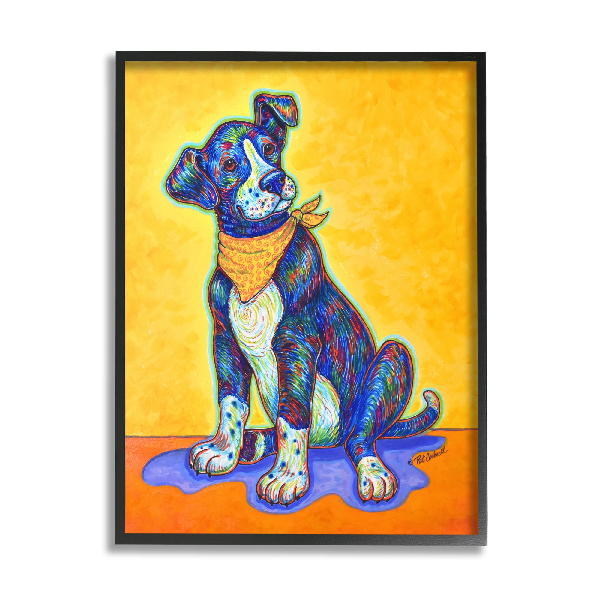 Stupell Industries Blue & Yellow Abstract Dog Animals & Insects Painting Black Framed Art Print Wall Art, 24 x 30