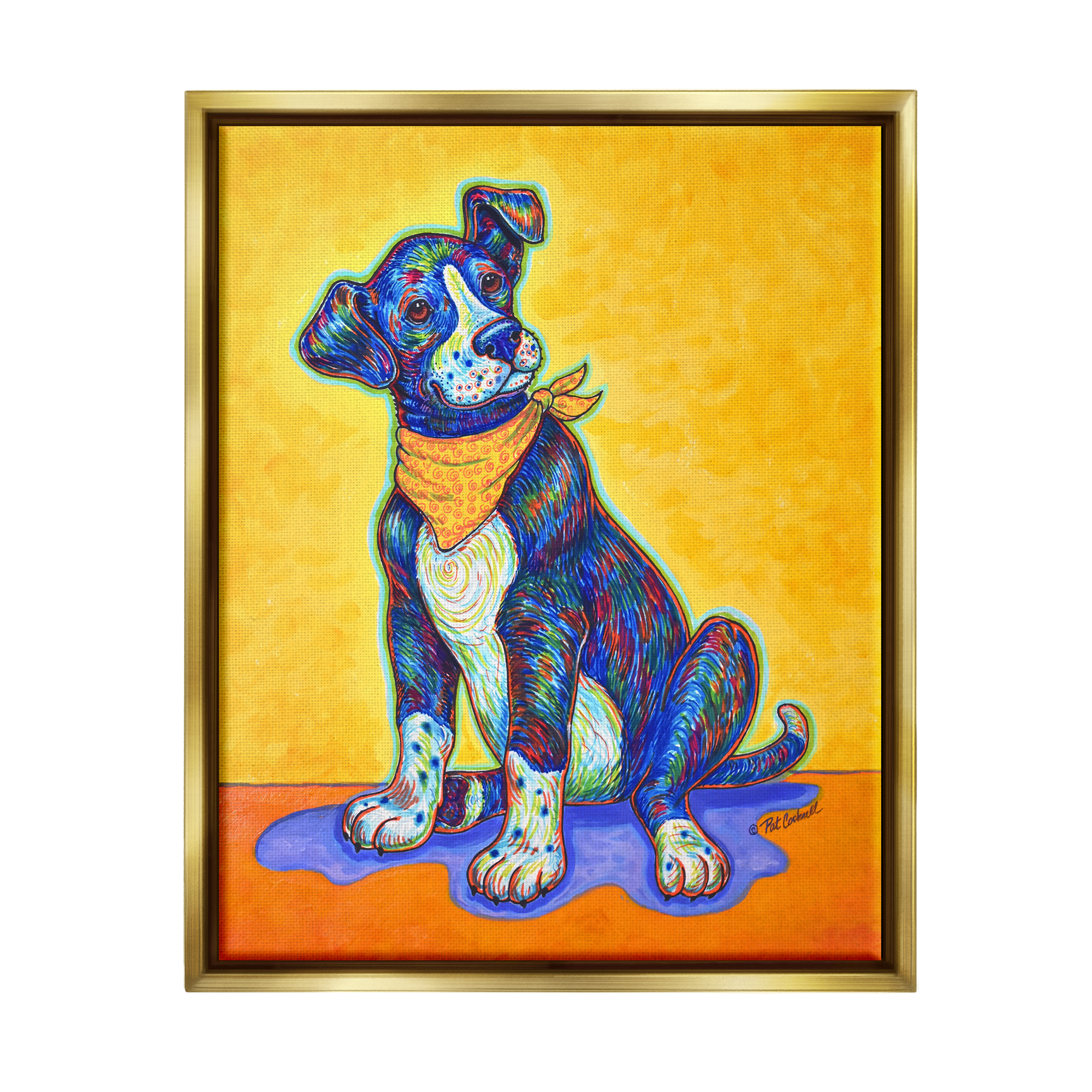 Stupell Industries Blue & Yellow Abstract Dog Animals & Insects Painting Gold Floater Framed Art Print Wall Art, 17 x 21