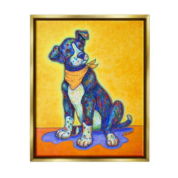 Stupell Industries Blue & Yellow Abstract Dog Animals & Insects Painting Gold Floater Framed Art Print Wall Art, 25 x 31