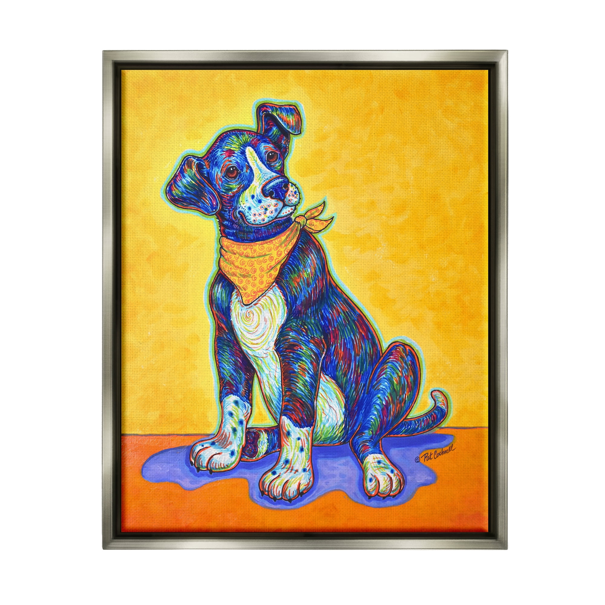 Stupell Industries Blue & Yellow Abstract Dog Animals & Insects Painting Gray Floater Framed Art Print Wall Art, 25 x 31