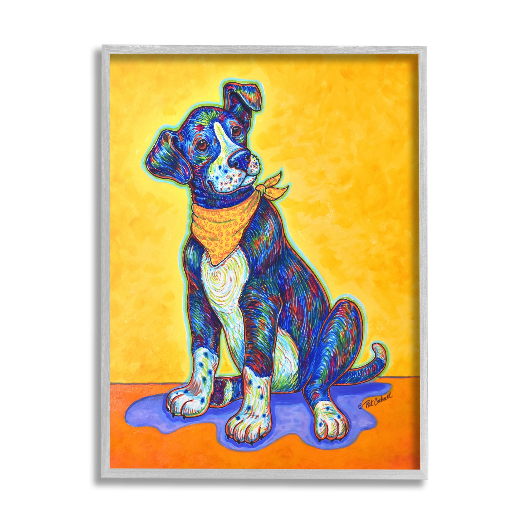Stupell Industries Blue & Yellow Abstract Dog Animals & Insects Painting Gray Framed Art Print Wall Art, 24 x 30