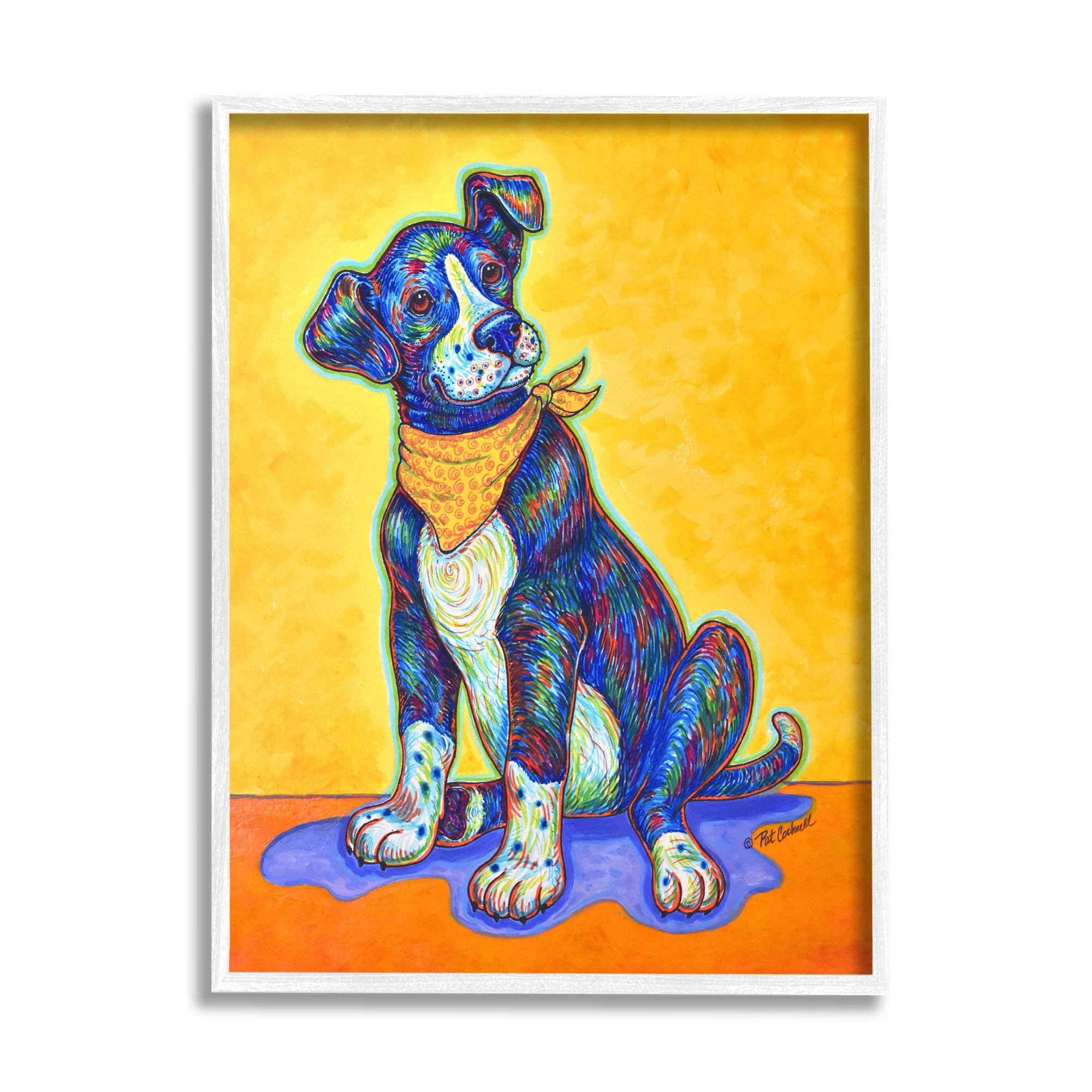 Stupell Industries Blue & Yellow Abstract Dog Animals & Insects Painting White Framed Art Print Wall Art, 24 x 30