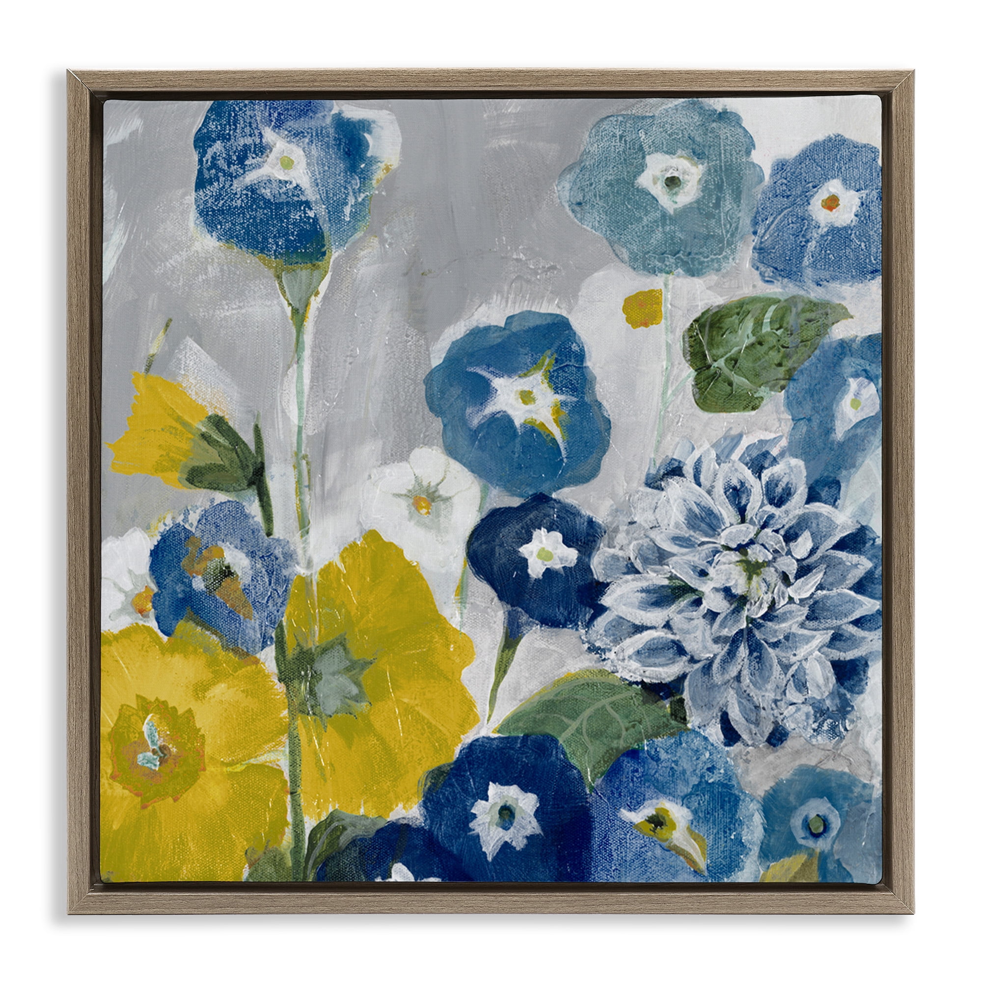 Stupell Industries Blue & Yellow Abstract Poppies Botanical & Floral Painting Brown Floater Framed Canvas Art Print Wall Art, 25 x 25