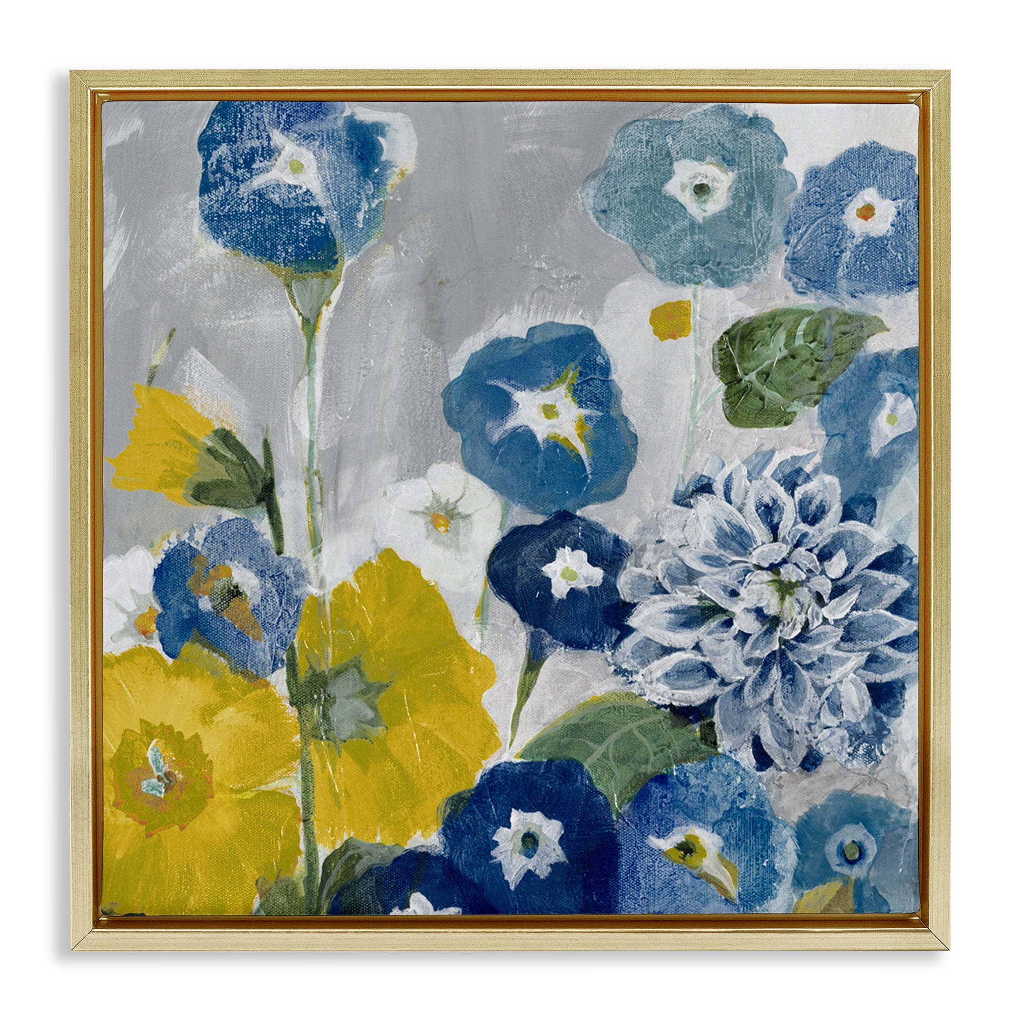 Stupell Industries Blue & Yellow Abstract Poppies Botanical & Floral Painting Gold Floater Framed Canvas Art Print Wall Art, 25 x 25
