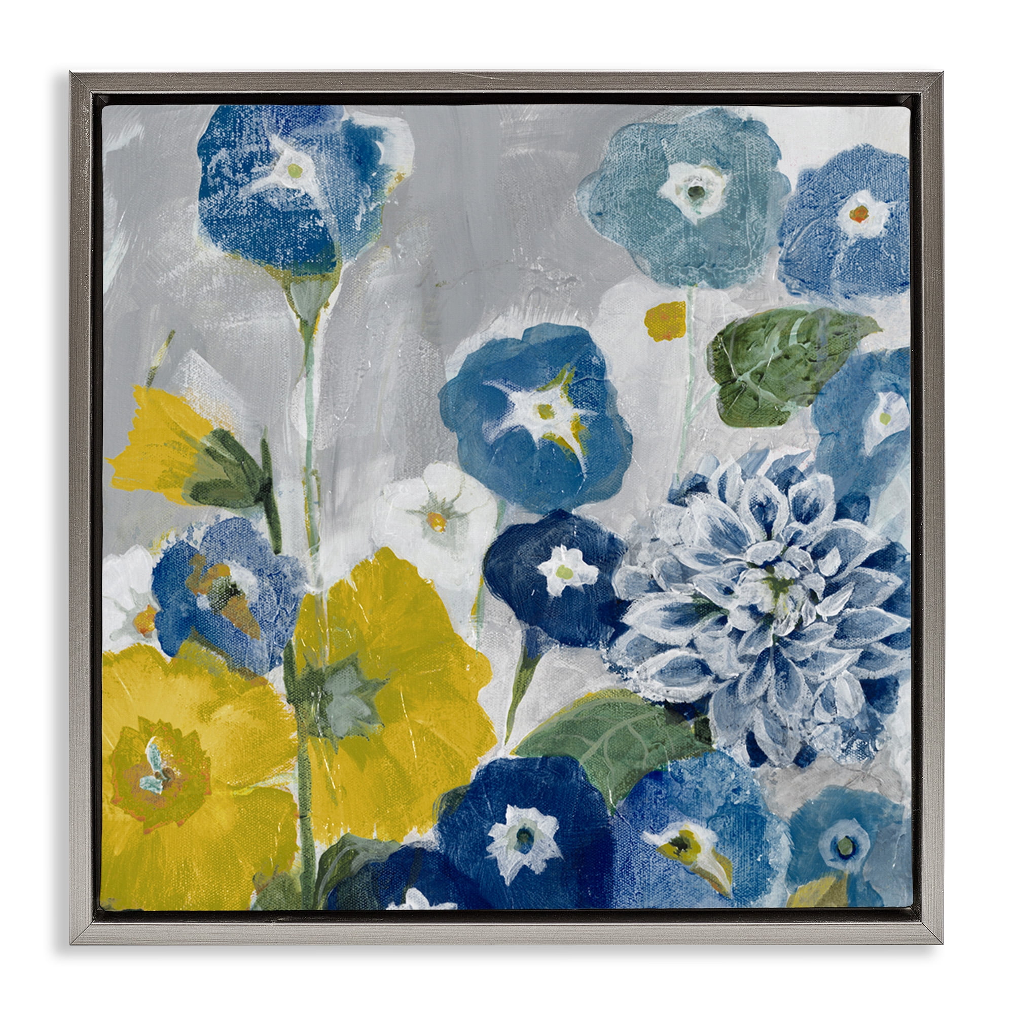 Stupell Industries Blue & Yellow Abstract Poppies Botanical & Floral Painting Gray Floater Framed Canvas Art Print Wall Art, 18 x 18