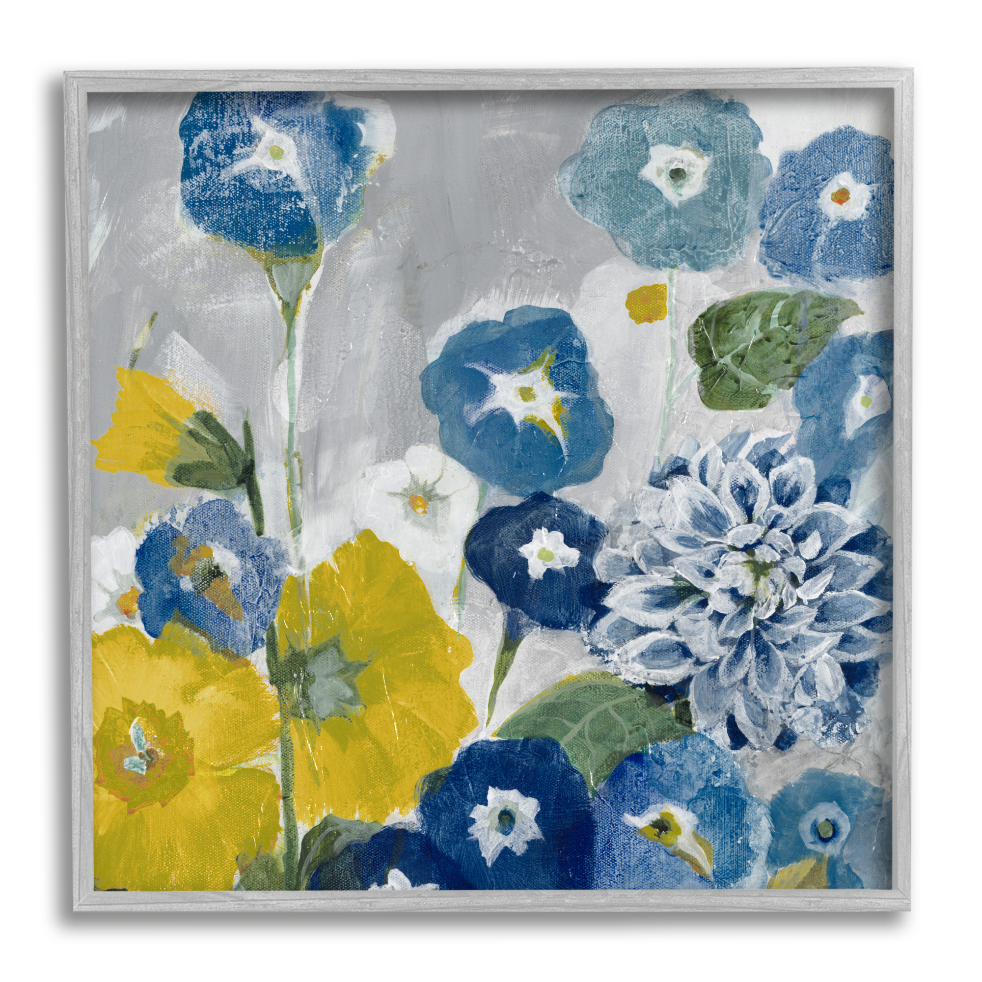 Stupell Industries Blue & Yellow Abstract Poppies Botanical & Floral Painting Gray Framed Art Print Wall Art
