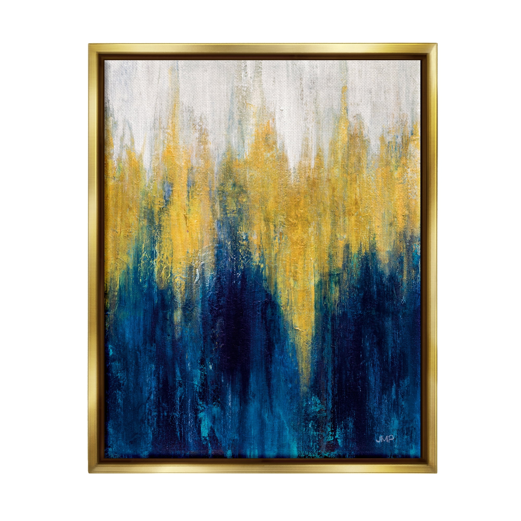 Stupell Industries Blue & Yellow Abstraction Abstract Painting Gold Floater Framed Art Print Wall Art, 25 x 31