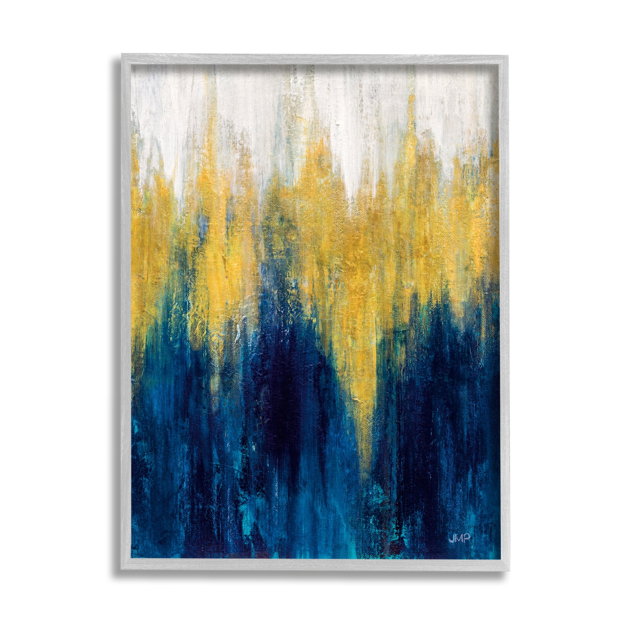 Stupell Industries Blue & Yellow Abstraction Abstract Painting Gray Framed Art Print Wall Art, 24 x 30