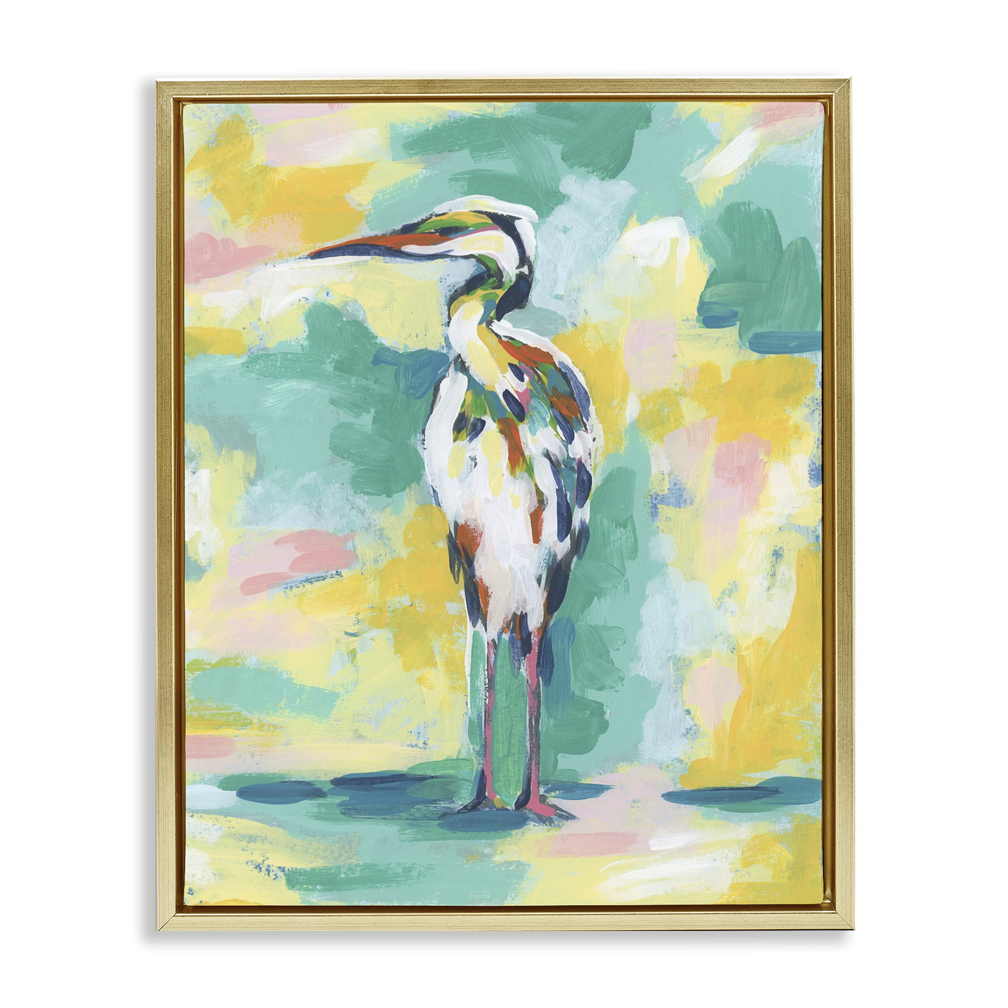 Stupell Industries Blue & Yellow Crane Animals Painting Gold Floater Framed Canvas Art Print Wall Art, 17 x 21