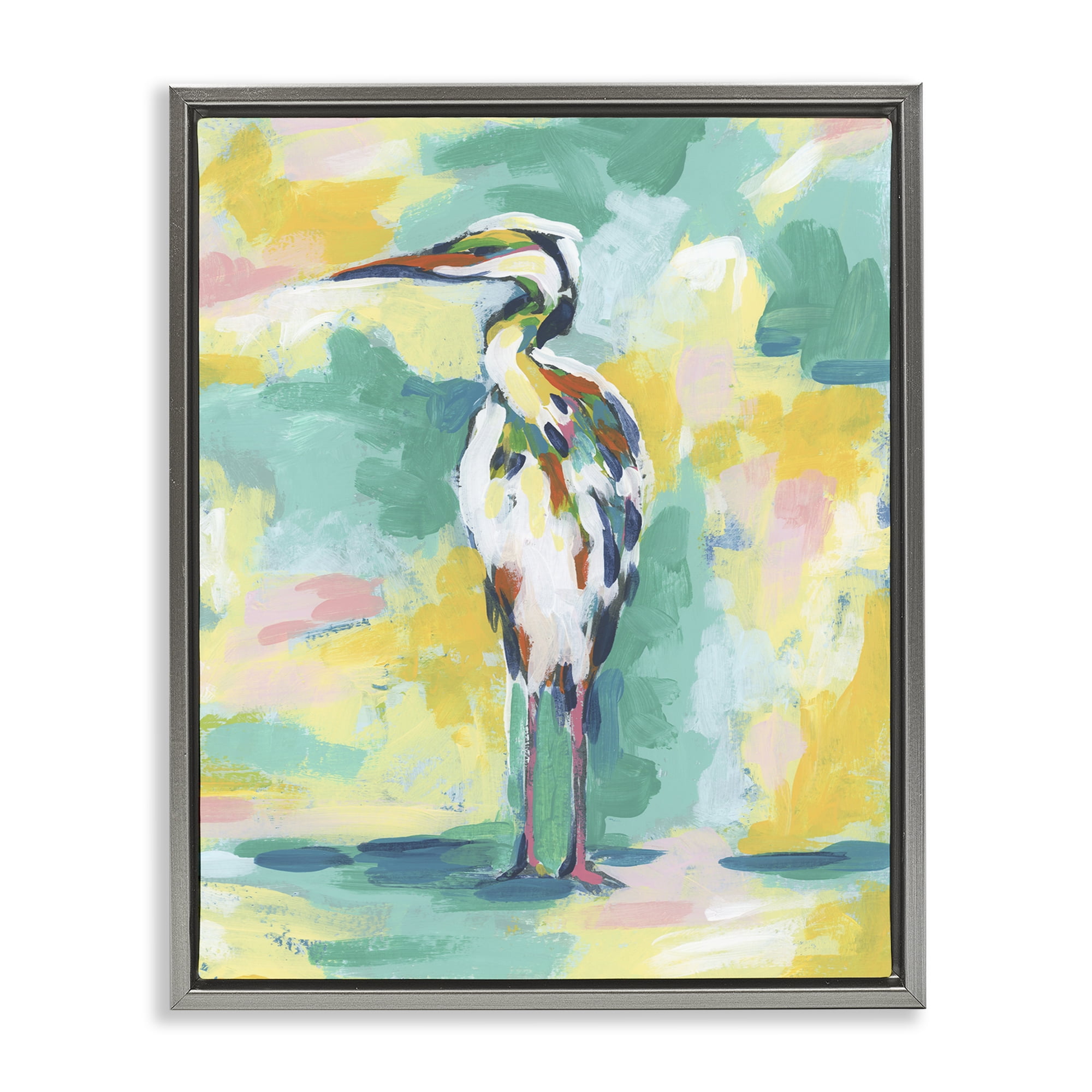 Stupell Industries Blue & Yellow Crane Animals Painting Gray Floater Framed Canvas Art Print Wall Art, 25 x 31