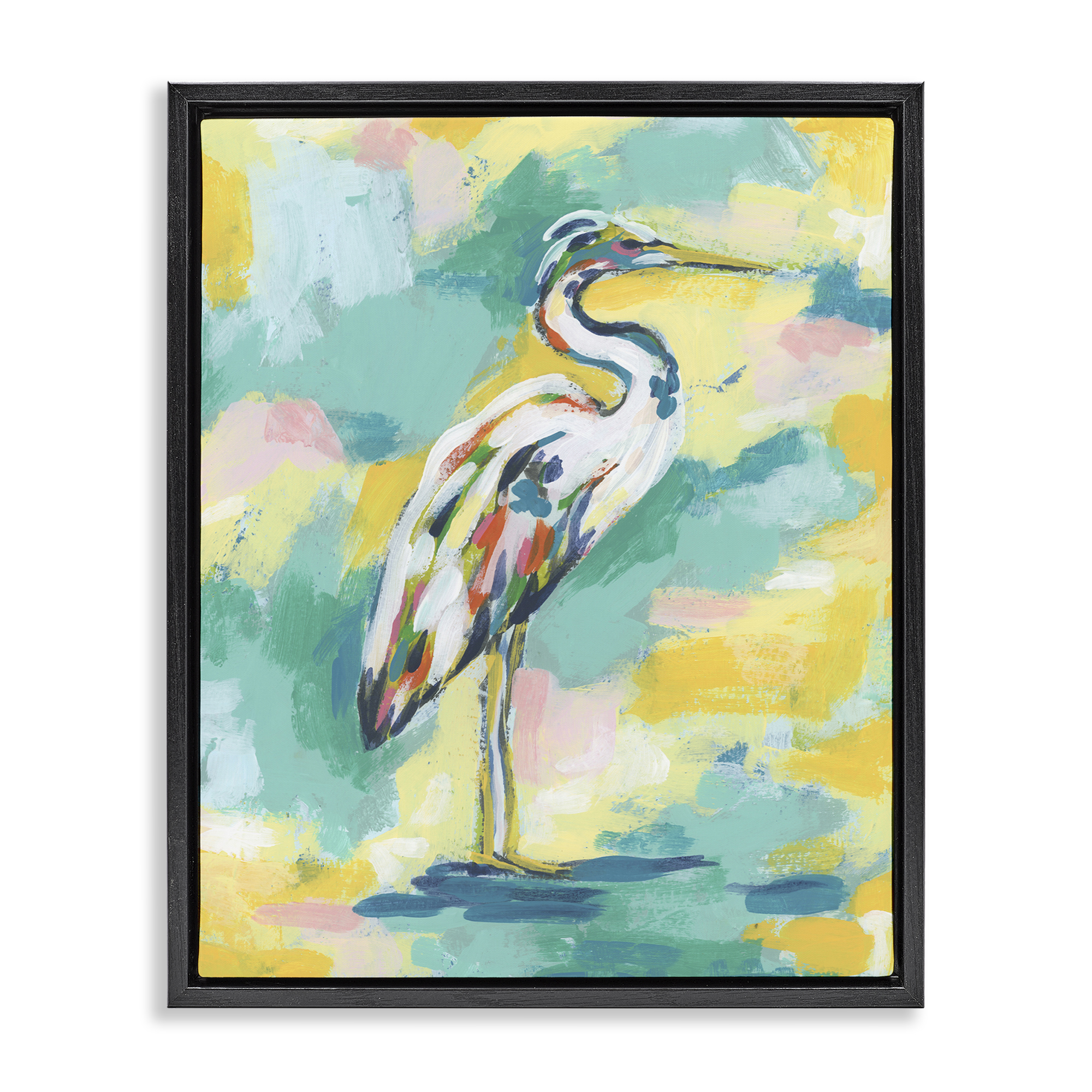 Stupell Industries Blue & Yellow Heron Bird Animals Painting Black Floater Framed Canvas Art Print Wall Art, 17 x 21