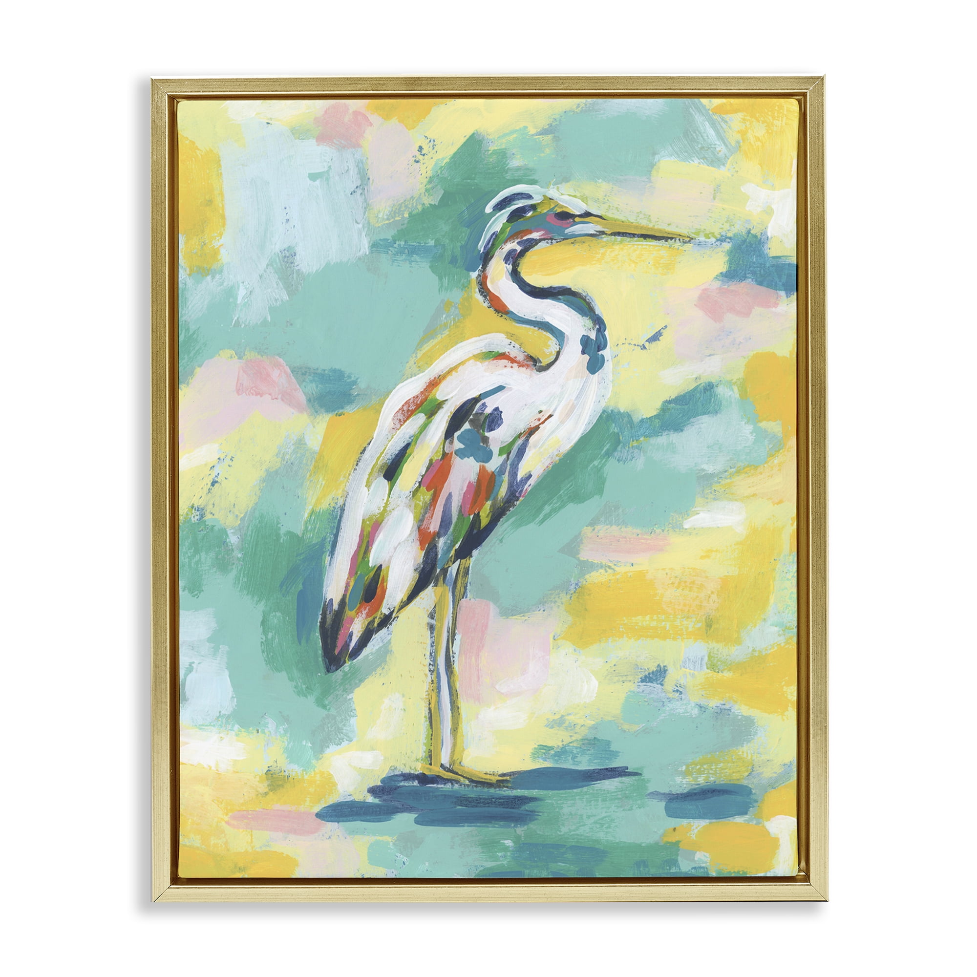 Stupell Industries Blue & Yellow Heron Bird Animals Painting Gold Floater Framed Canvas Art Print Wall Art, 25 x 31