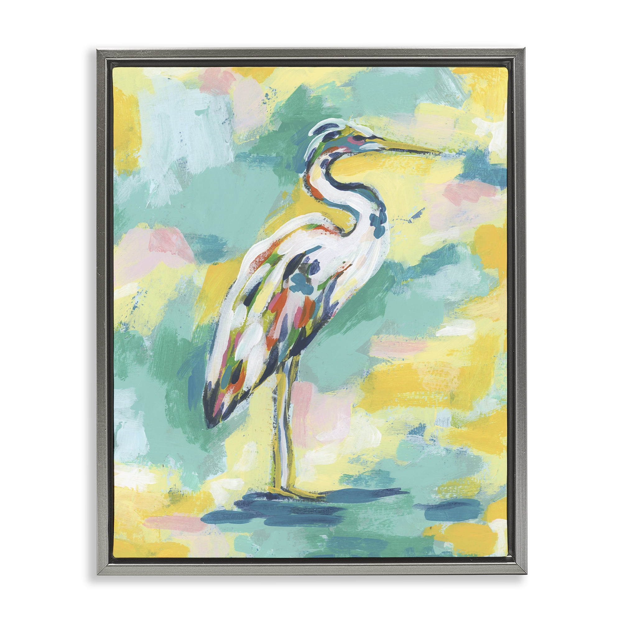 Stupell Industries Blue & Yellow Heron Bird Animals Painting Gray Floater Framed Canvas Art Print Wall Art, 17 x 21