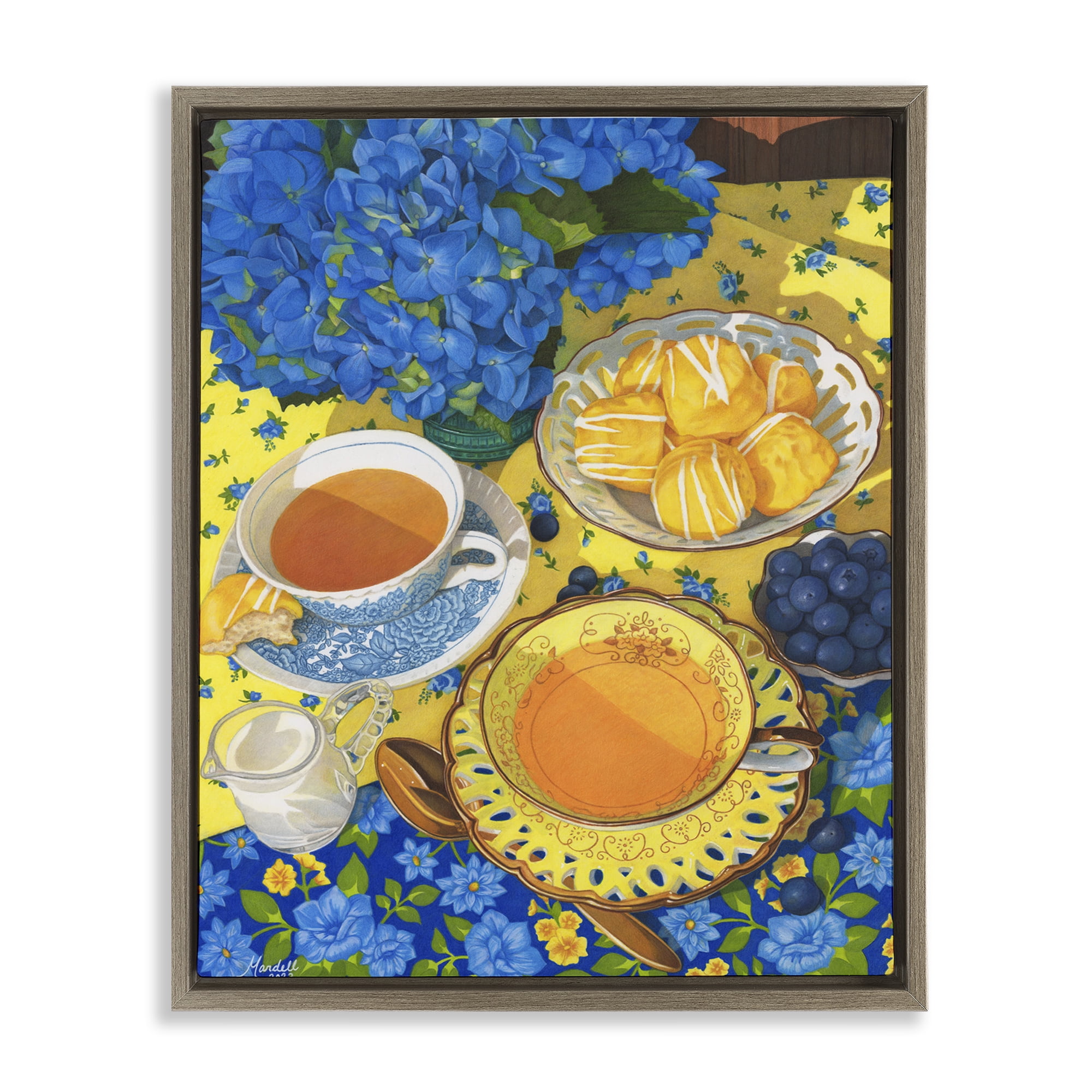 Stupell Industries Blue & Yellow Tea Party Food & Beverage Painting Brown Floater Framed Art Print Wall Art, 17 x 21