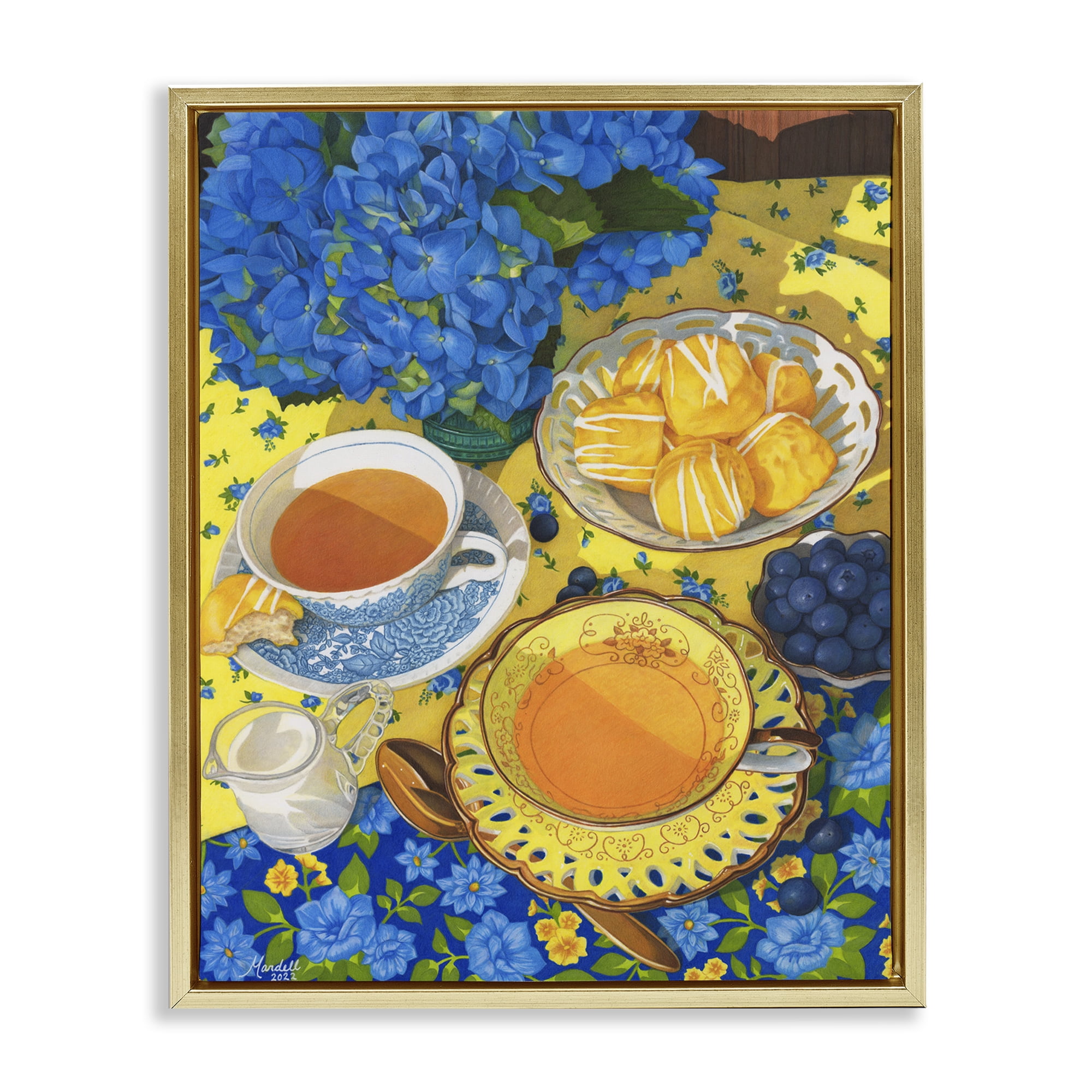 Stupell Industries Blue & Yellow Tea Party Food & Beverage Painting Gold Floater Framed Art Print Wall Art, 17 x 21
