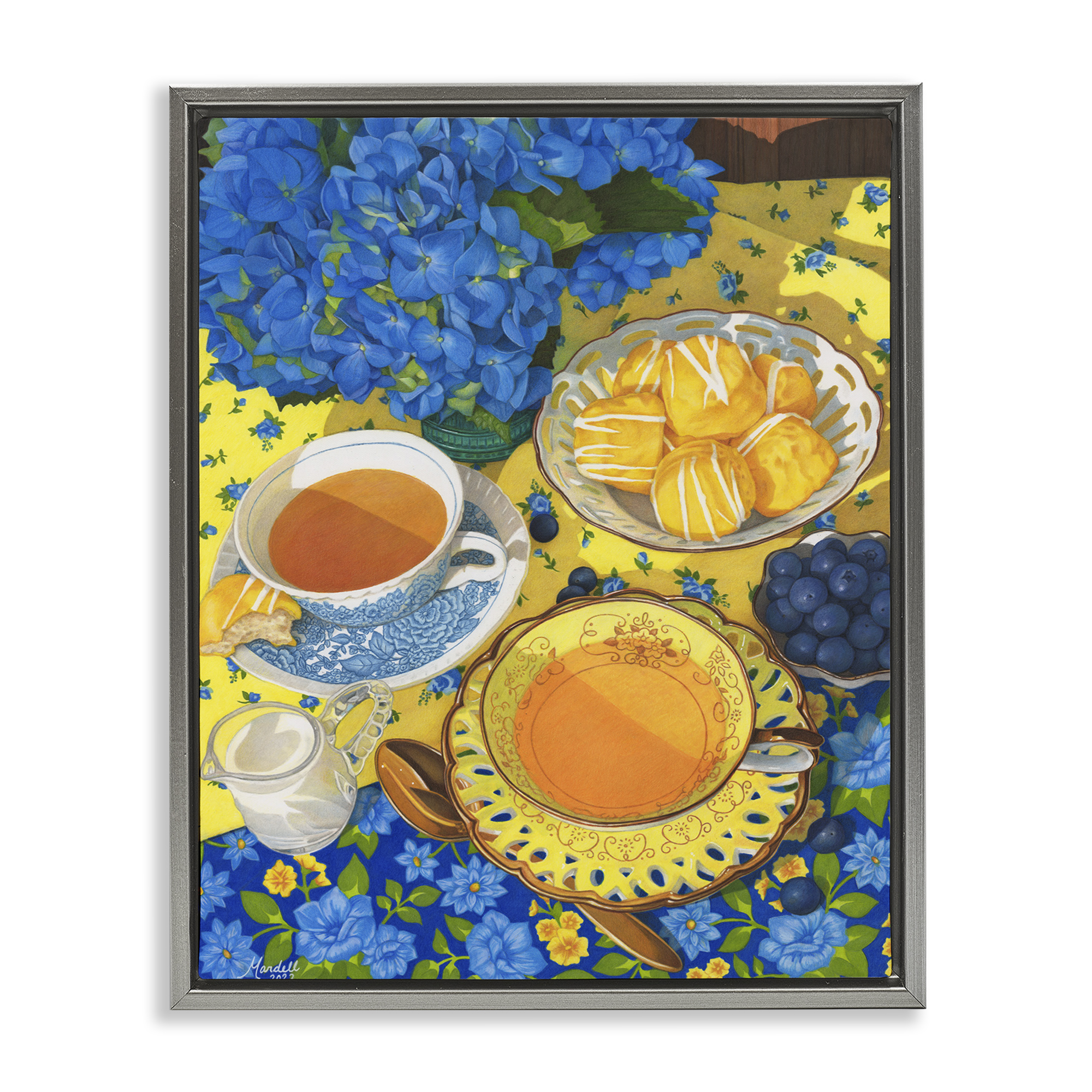 Stupell Industries Blue & Yellow Tea Party Food & Beverage Painting Gray Floater Framed Art Print Wall Art, 17 x 21