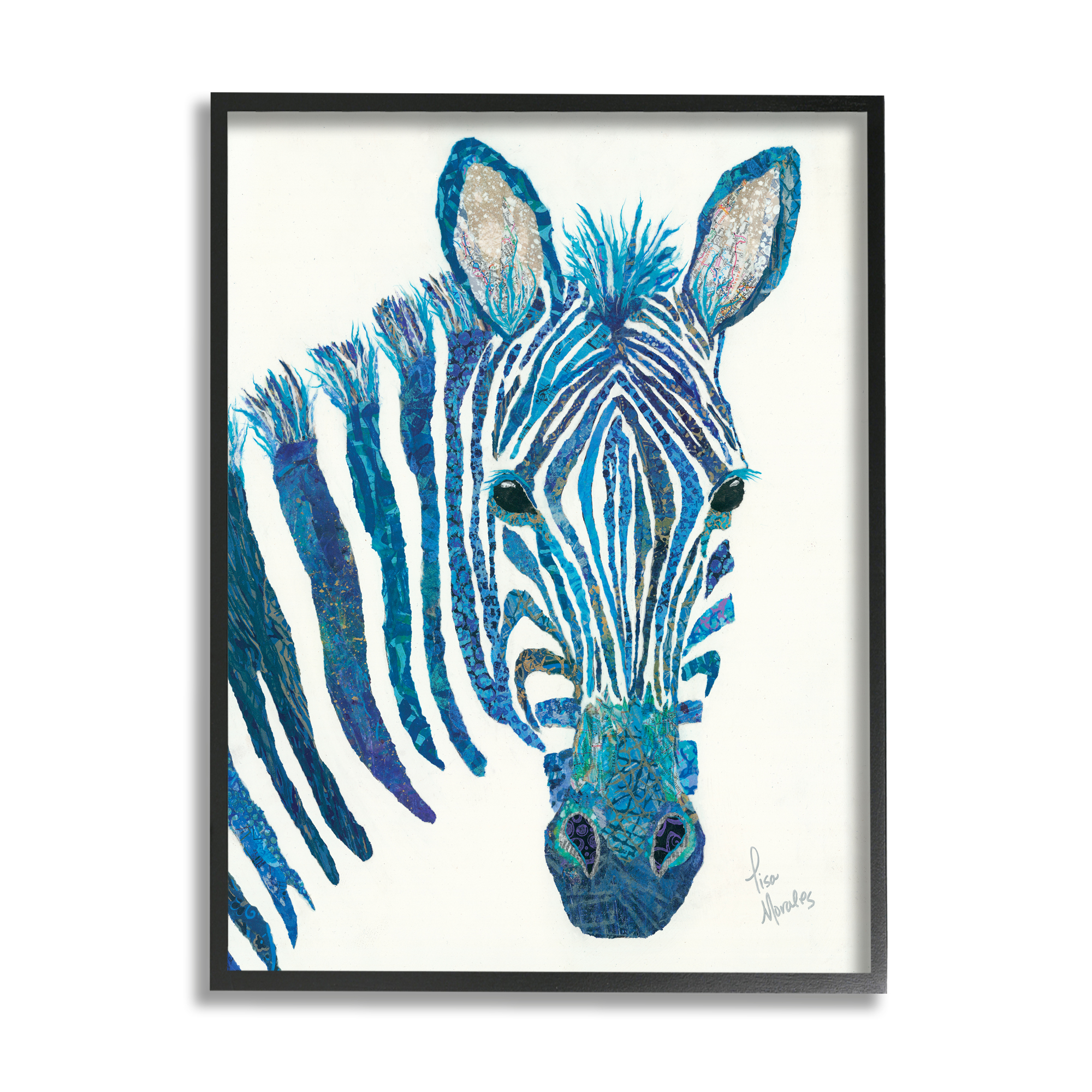 Stupell Industries Blue Zebra Stripes Wildlife Collage Portrait Graphic Art Black Framed Art Print Wall Art, Design by Lisa Morales