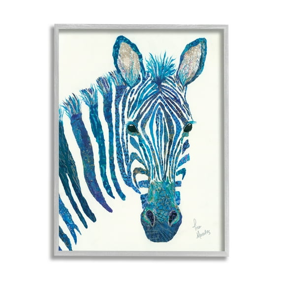 Stupell Industries Blue Zebra Stripes Wildlife Collage Portrait Graphic Art Gray Framed Art Print Wall Art, Design by Lisa Morales