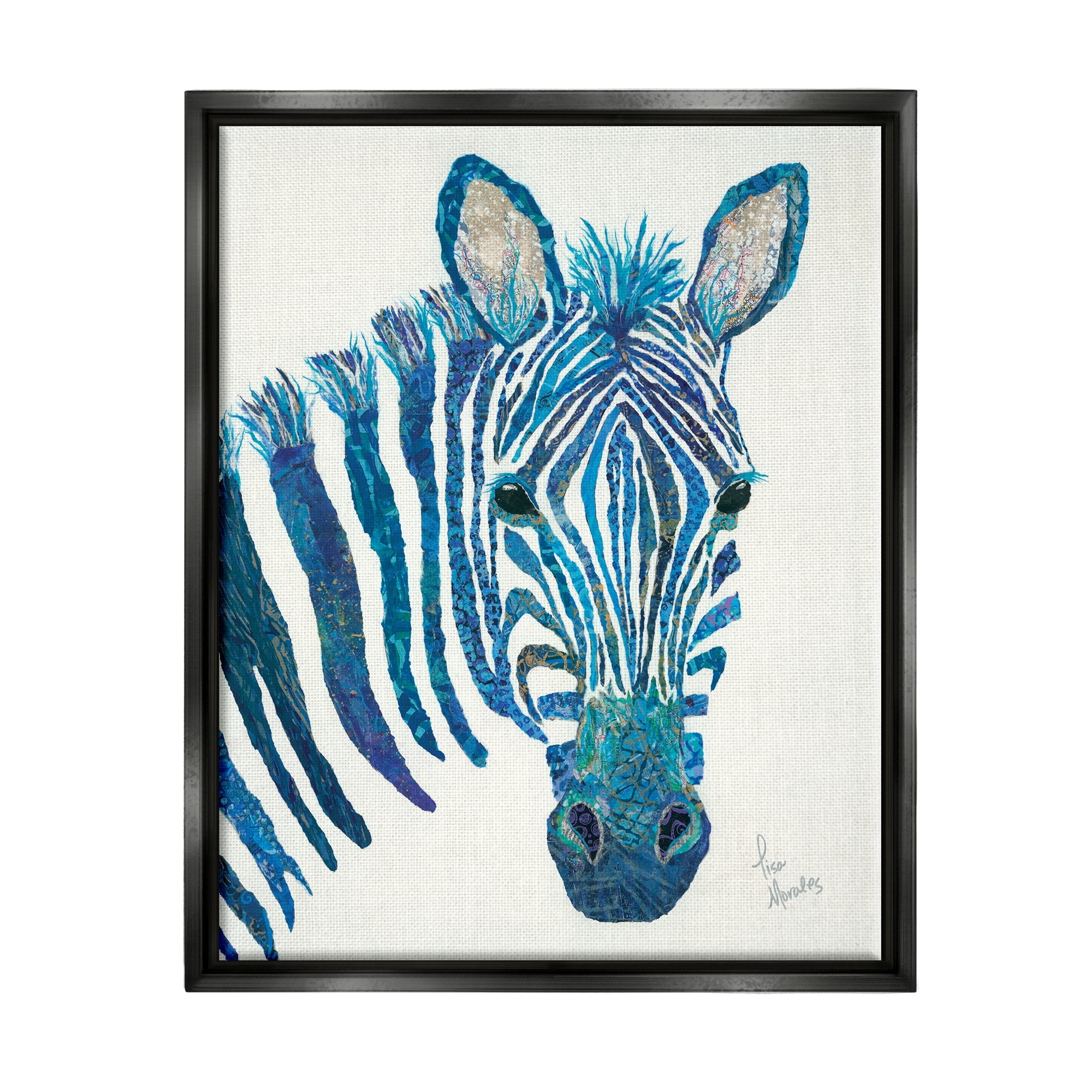 Stupell Industries Blue Zebra Stripes Wildlife Collage Portrait Graphic Art Jet Black Floating Framed Canvas Print Wall Art, Design by Lisa Morales