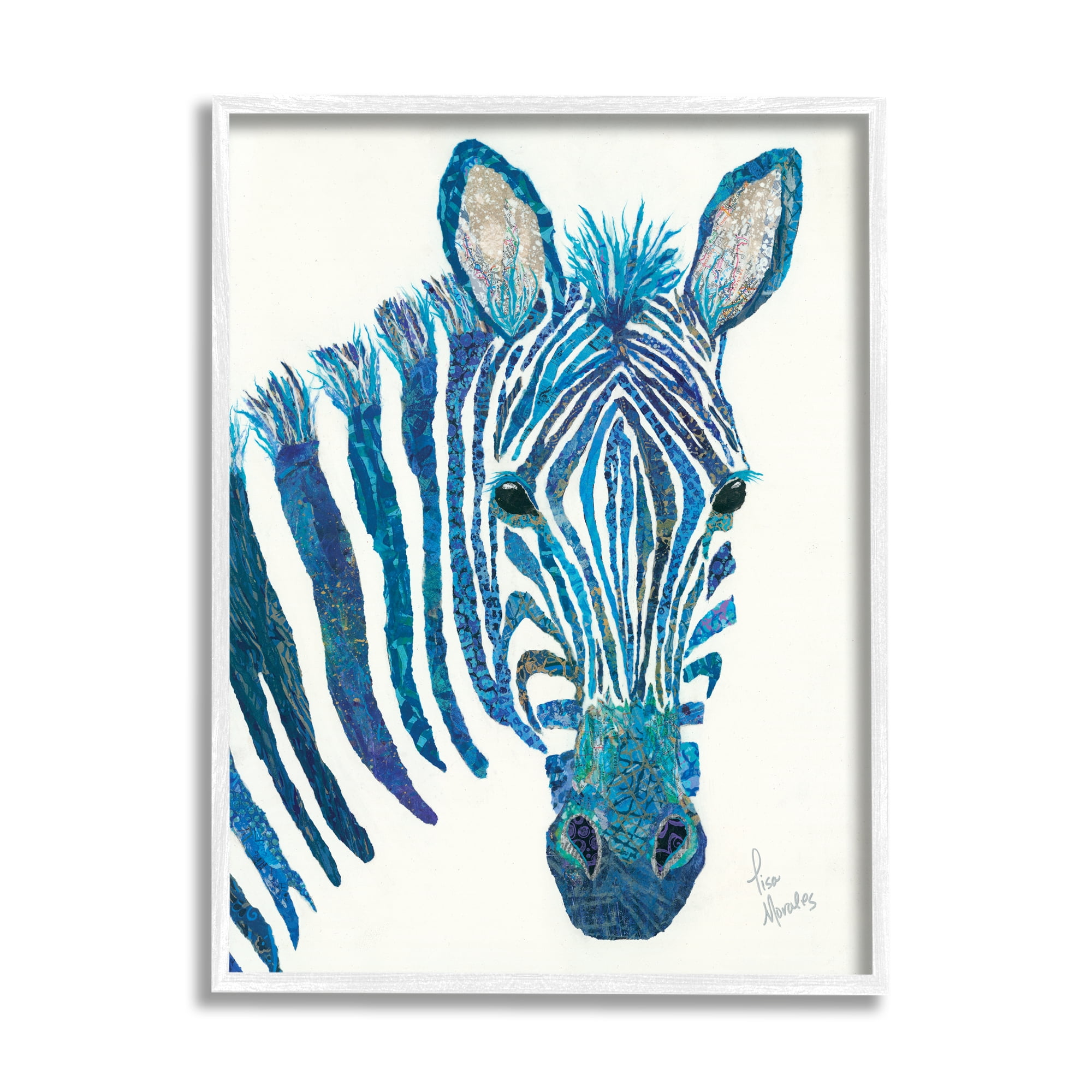 Stupell Industries Blue Zebra Stripes Wildlife Collage Portrait Graphic Art White Framed Art Print Wall Art, Design by Lisa Morales